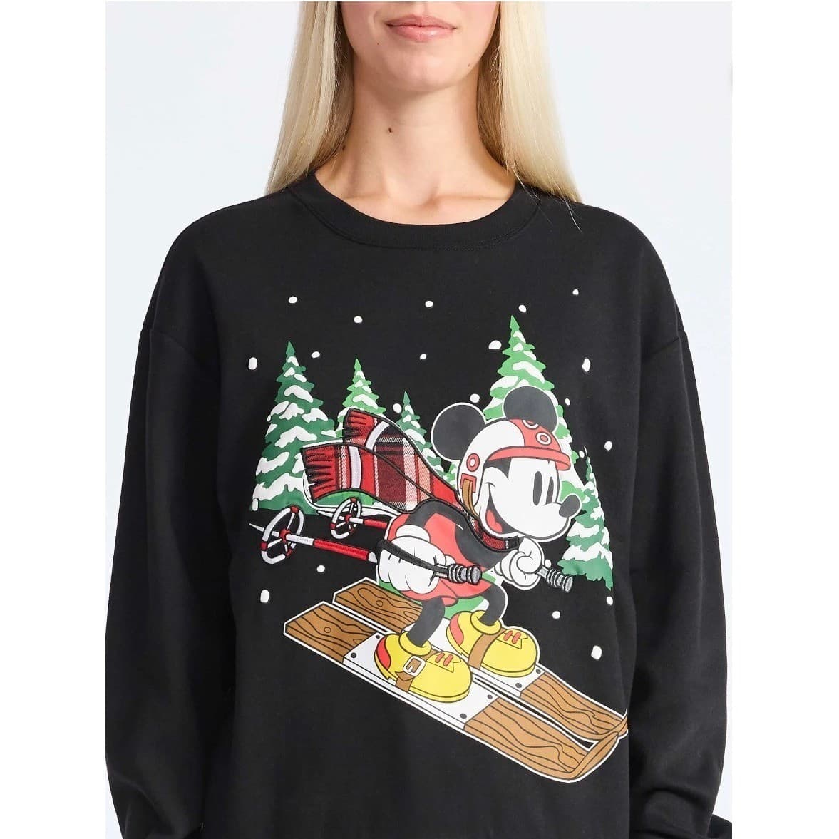 Disney Mickey Mouse Skiing Graphic Sweatshirt Black Crewneck Holiday Pullover - Thumbnail 2