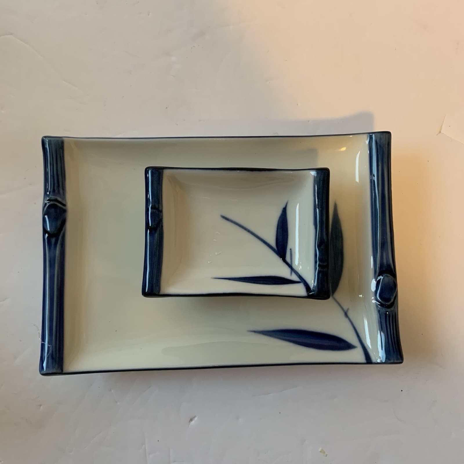 Bamboo Design Ceramic Sushi Plate W/ Soy Dipping Bowl Asahi Japan Blue White - Thumbnail 3