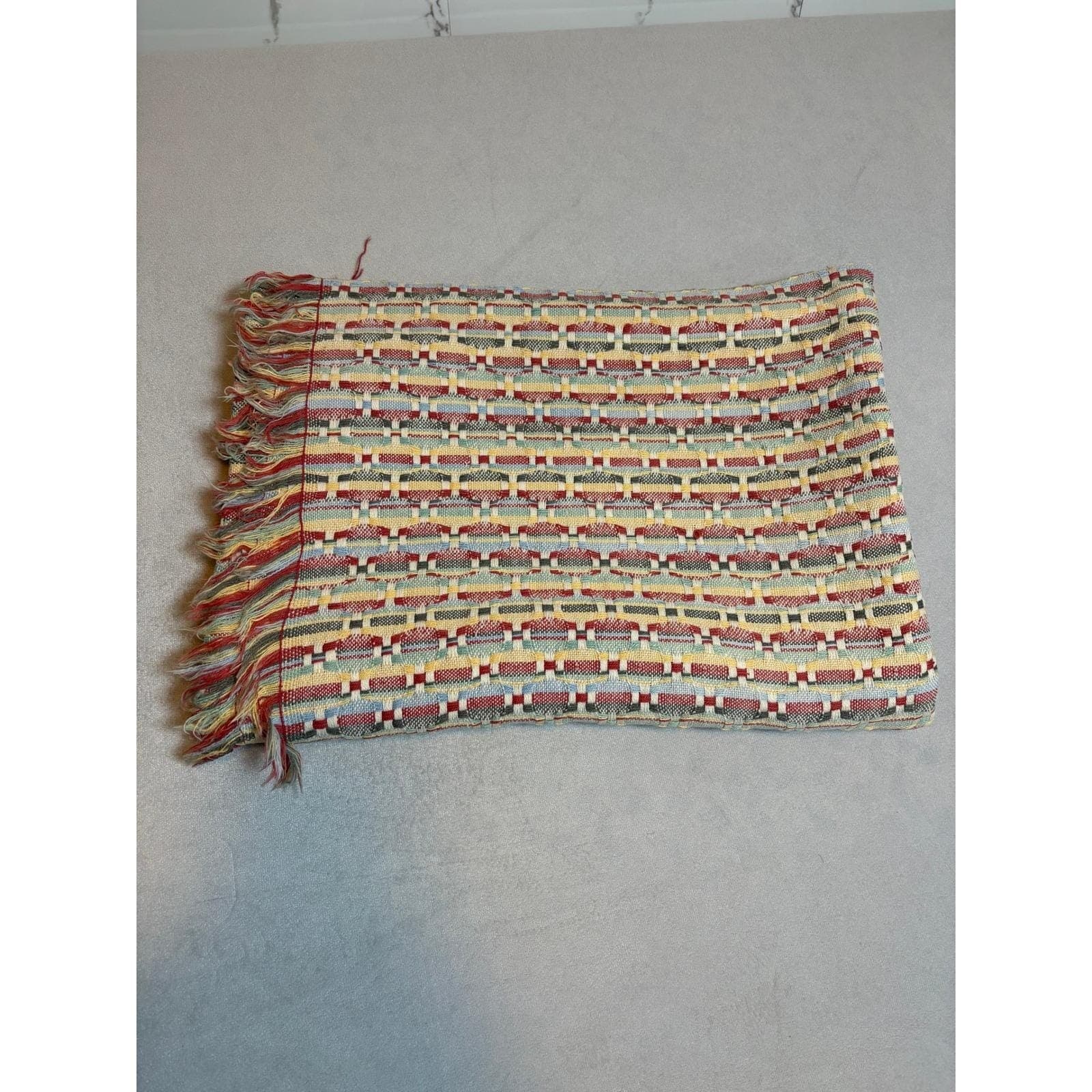 Vintage Woven Tapestry Throw Blanket Geometric Multi Color Fringed Boho Decor - Thumbnail 2