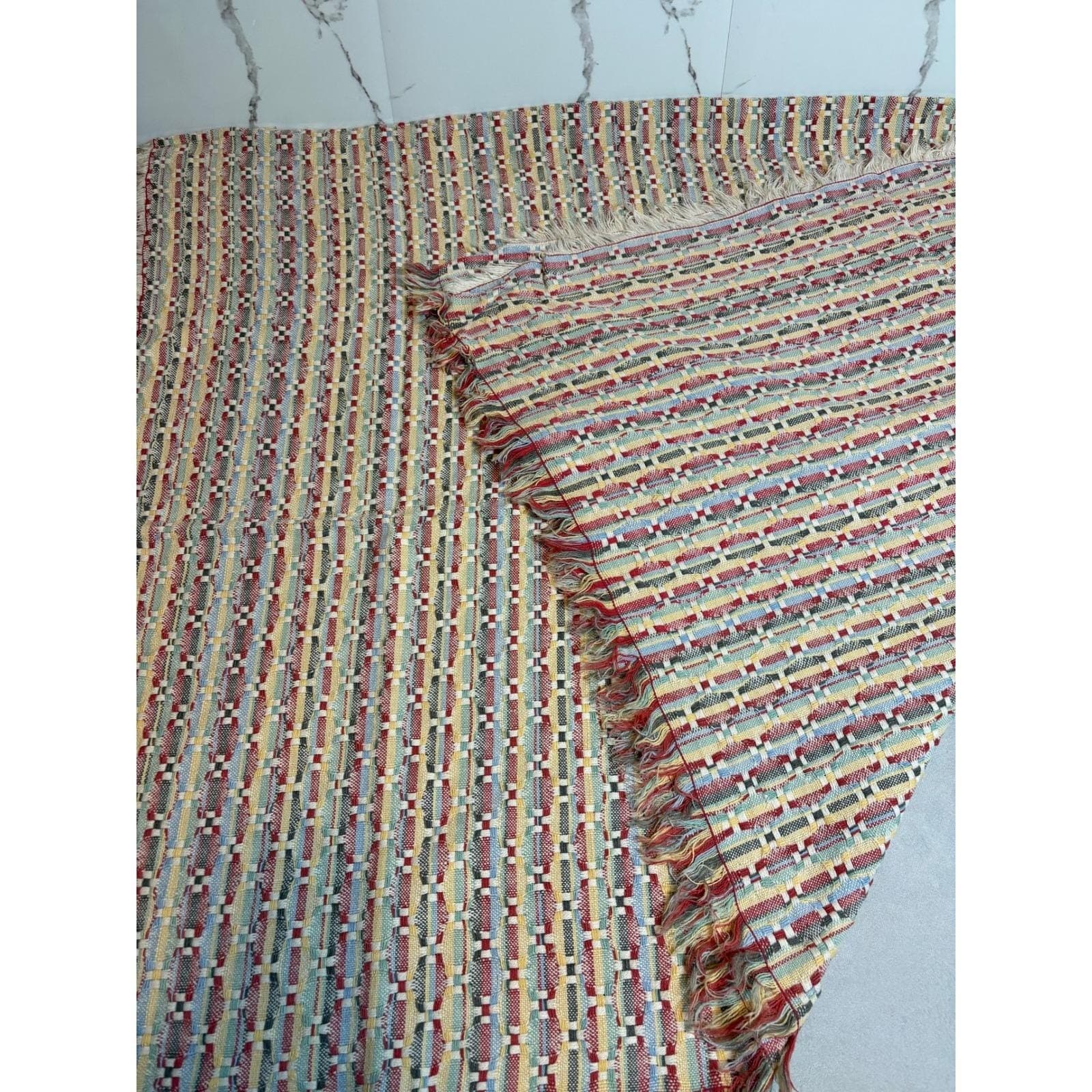 Vintage Woven Tapestry Throw Blanket Geometric Multi Color Fringed Boho Decor - Thumbnail 5