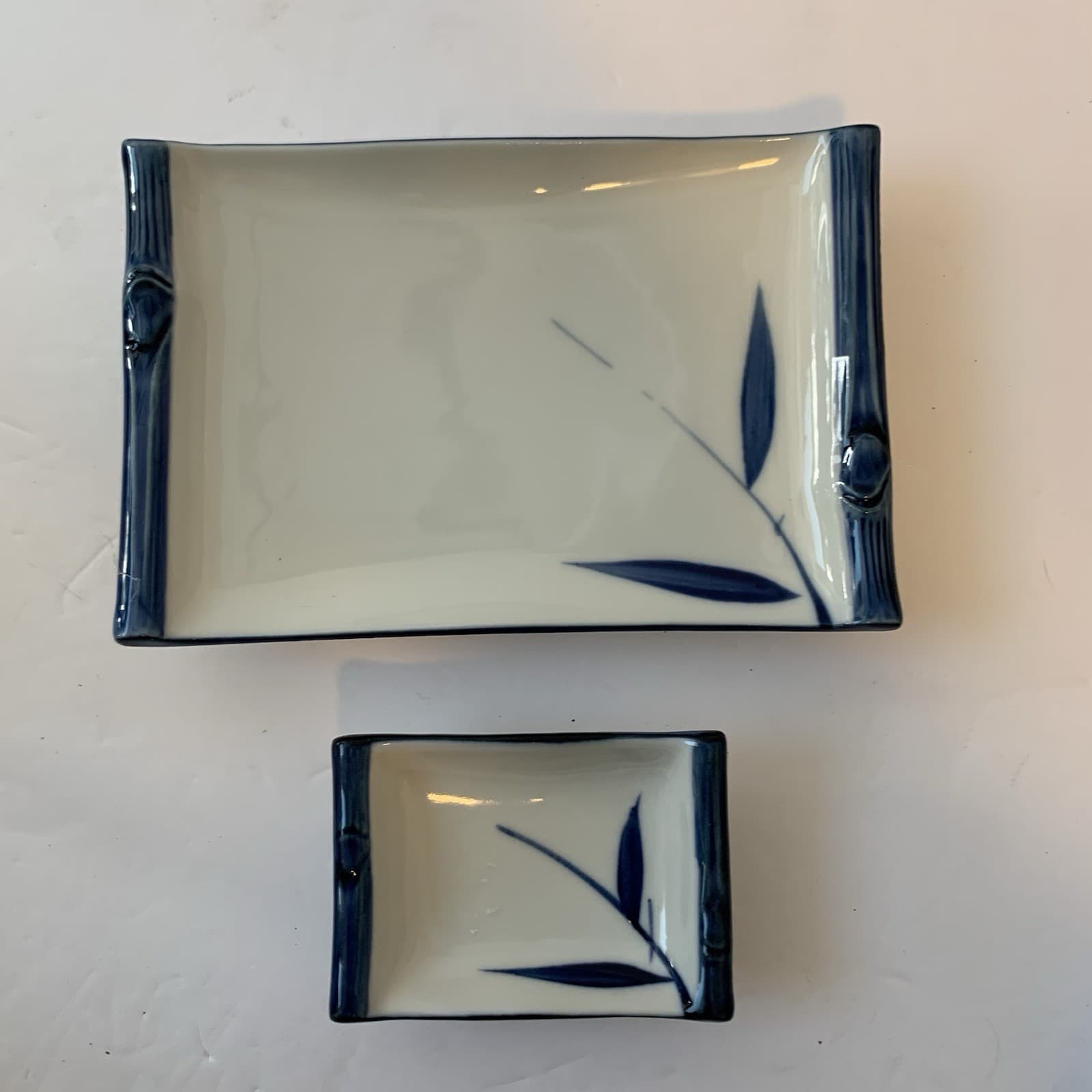 Bamboo Design Ceramic Sushi Plate W/ Soy Dipping Bowl Asahi Japan Blue White - Thumbnail 2