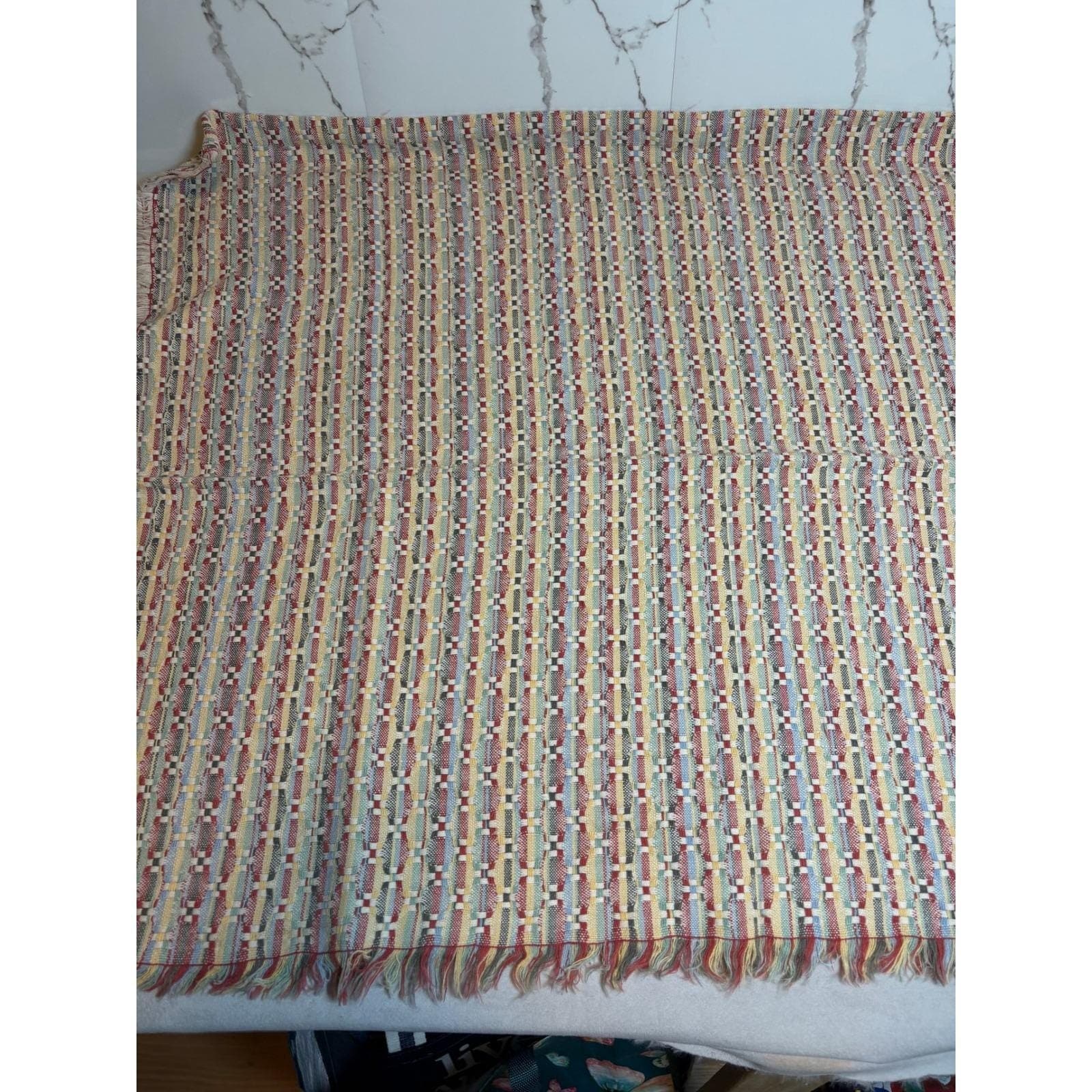 Vintage Woven Tapestry Throw Blanket Geometric Multi Color Fringed Boho Decor - Thumbnail 3