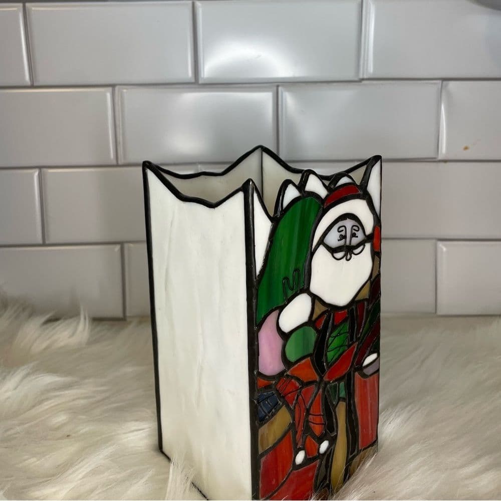 Vintage Stained Glass Santa Christmas Candle Holder - Thumbnail 2