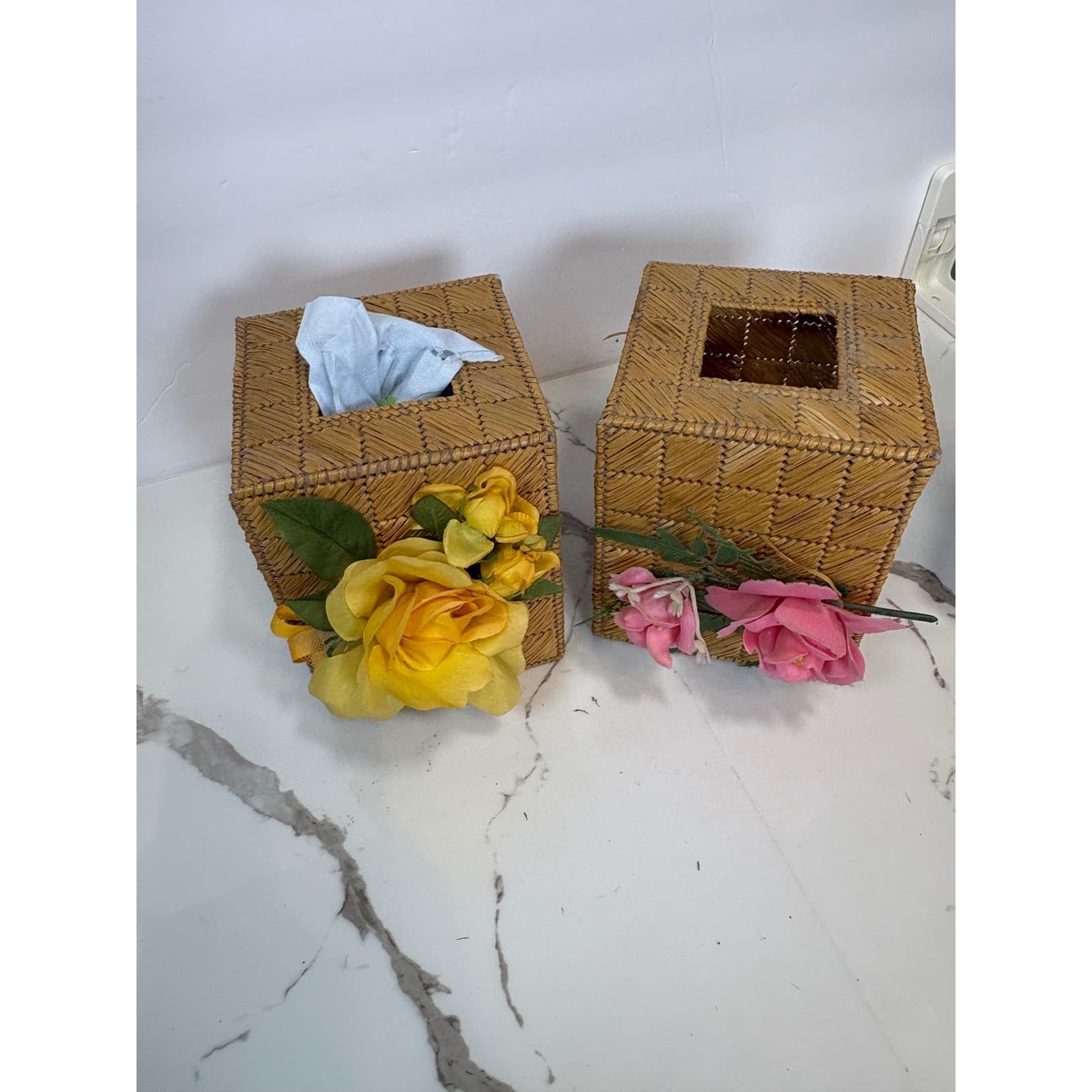 Vintage Woven Raffia 5 Piece Bathroom Set Tissue Box Covers Floral Boho Coastal - Thumbnail 5