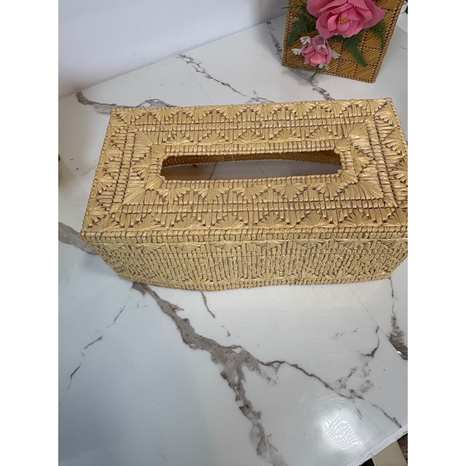 Vintage Woven Raffia 5 Piece Bathroom Set Tissue Box Covers Floral Boho Coastal - Thumbnail 2