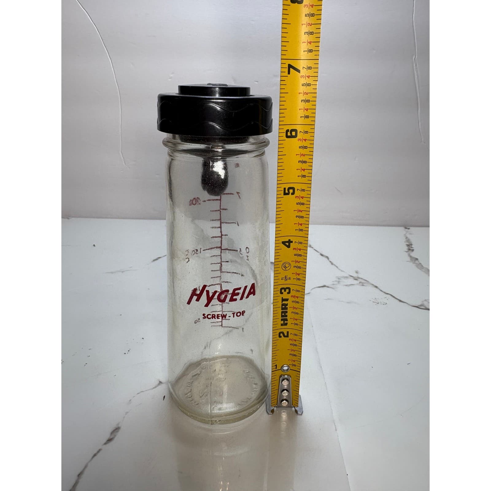 Vintage Hygeia Glass Baby Bottle 8oz Screw Top Black Cap Red Measurements 1957 - Thumbnail 4