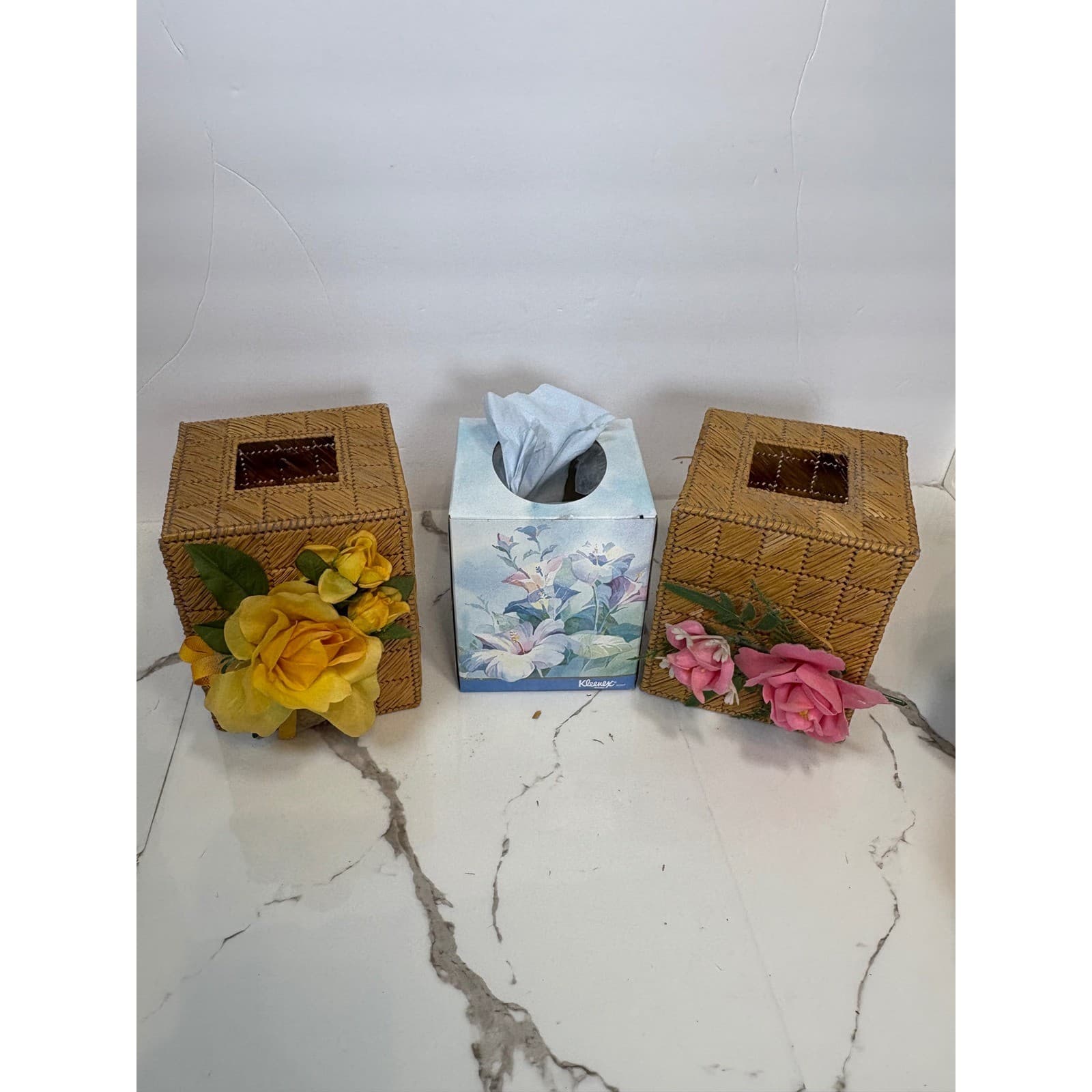 Vintage Woven Raffia 5 Piece Bathroom Set Tissue Box Covers Floral Boho Coastal - Thumbnail 6
