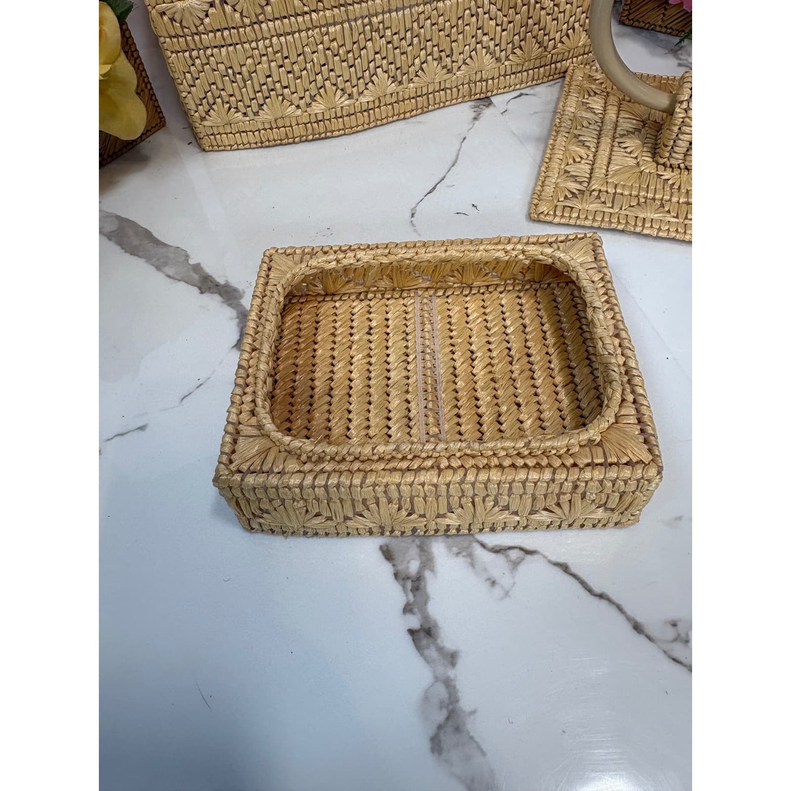 Vintage Woven Raffia 5 Piece Bathroom Set Tissue Box Covers Floral Boho Coastal - Thumbnail 4