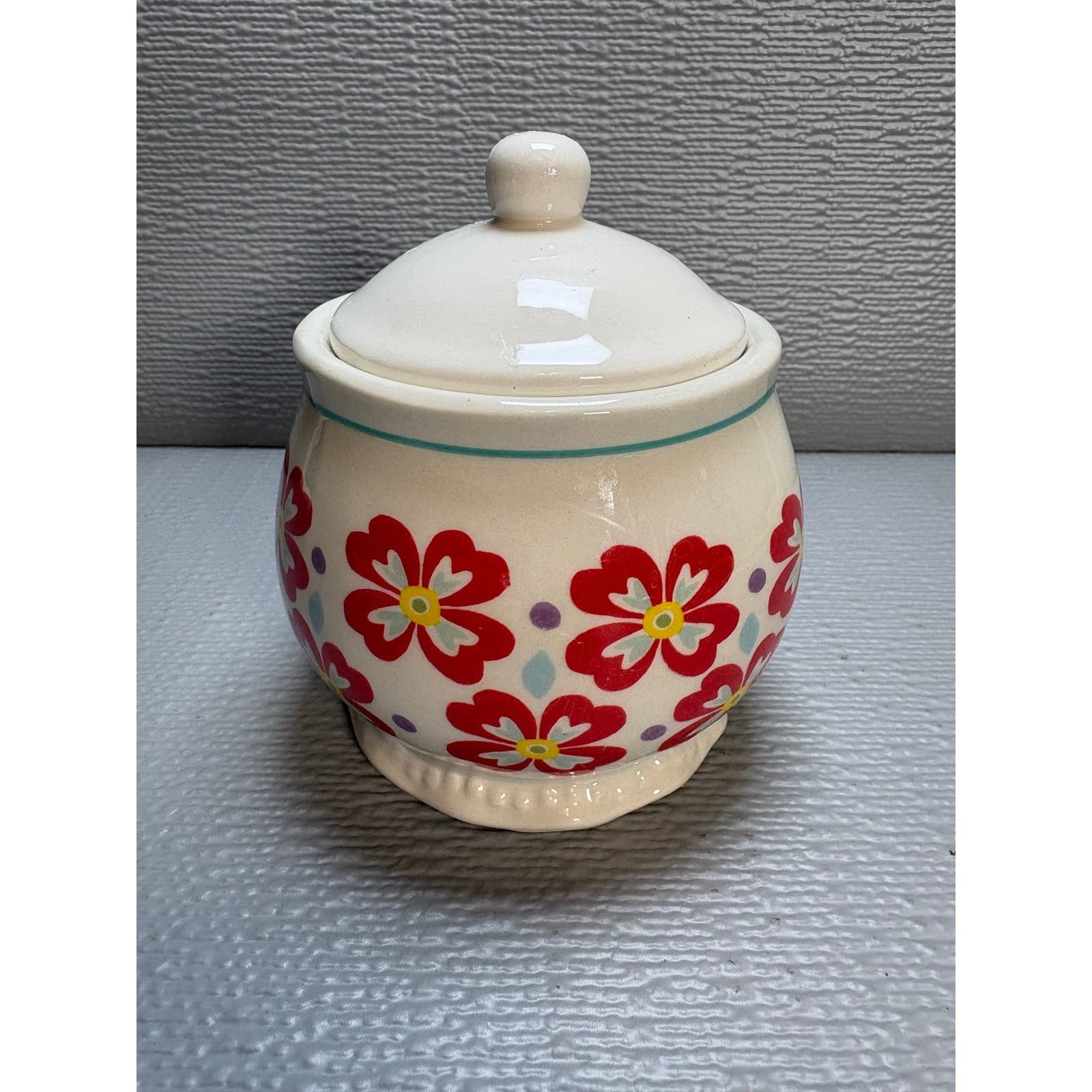 The Pioneer Woman Floral Ceramic Sugar Bowl with Lid Red White Farmhouse Style - Thumbnail 2