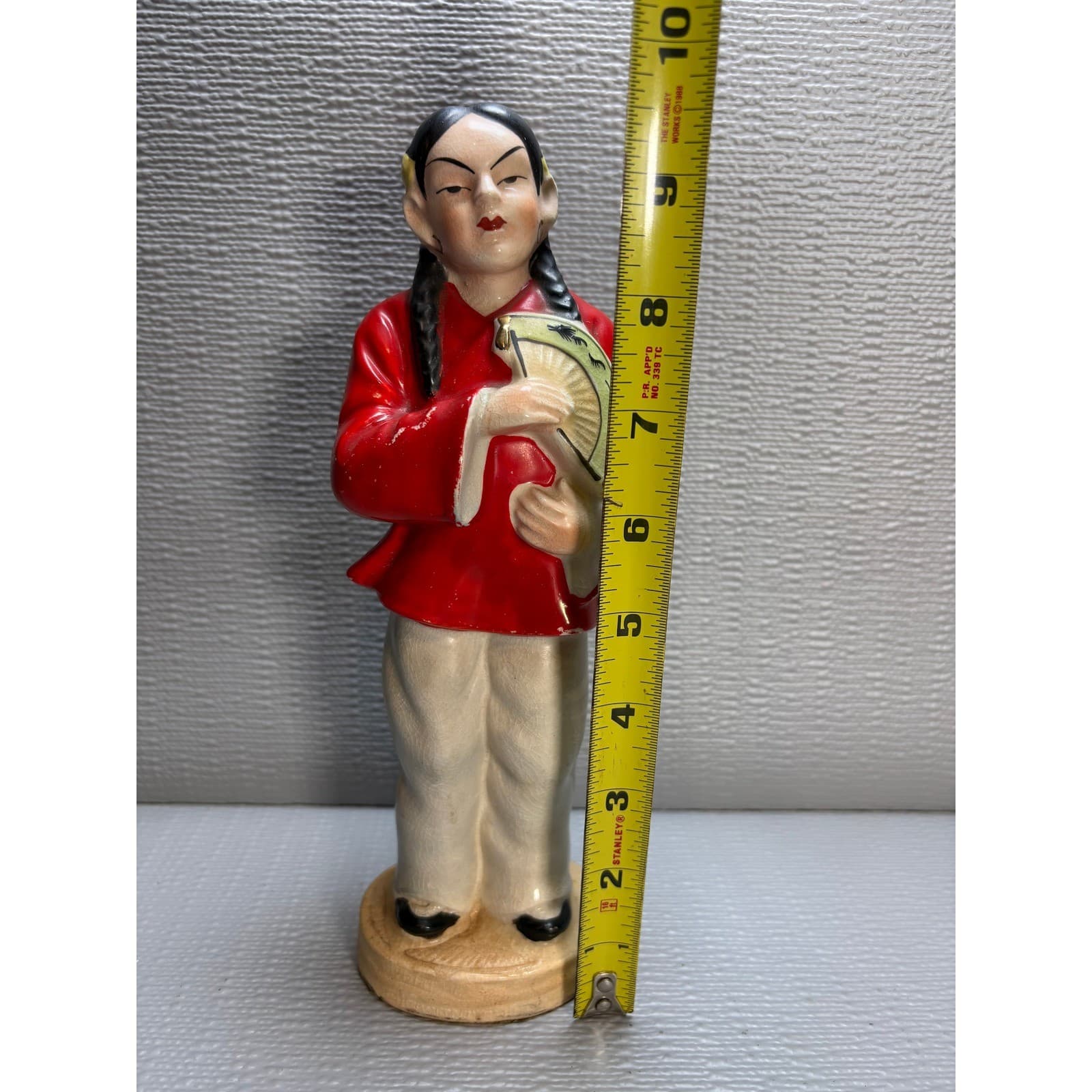 Vintage Made in Occupied Japan Ceramic Figurine Woman with Fan Red White 9.5" - Thumbnail 5