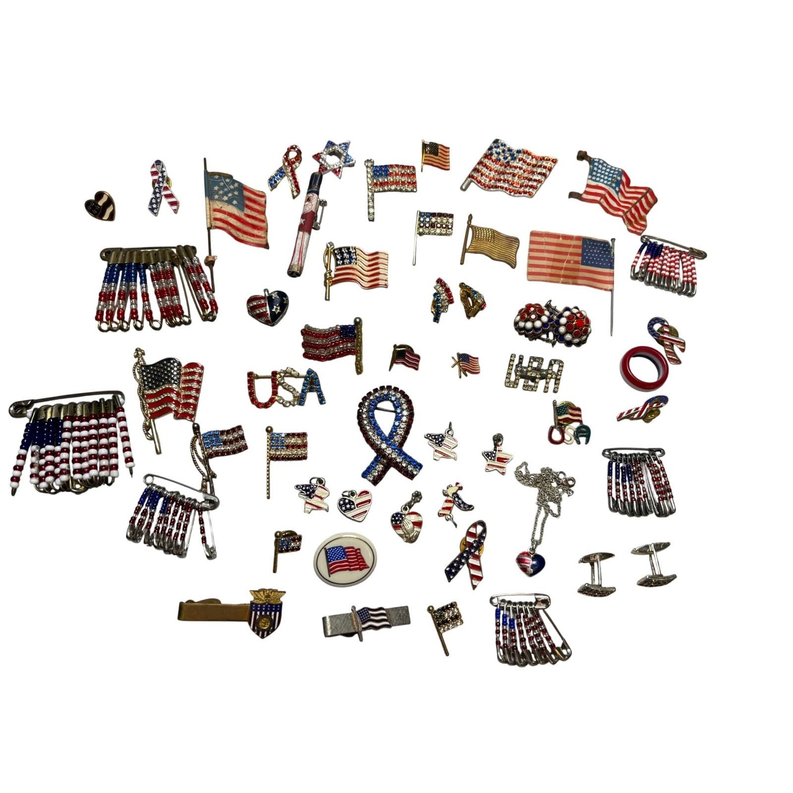 Vintage 40+ pc Patriotic USA Flag Rhinestone Jewelry Pin Brooch Charms cufflinks - Thumbnail 2