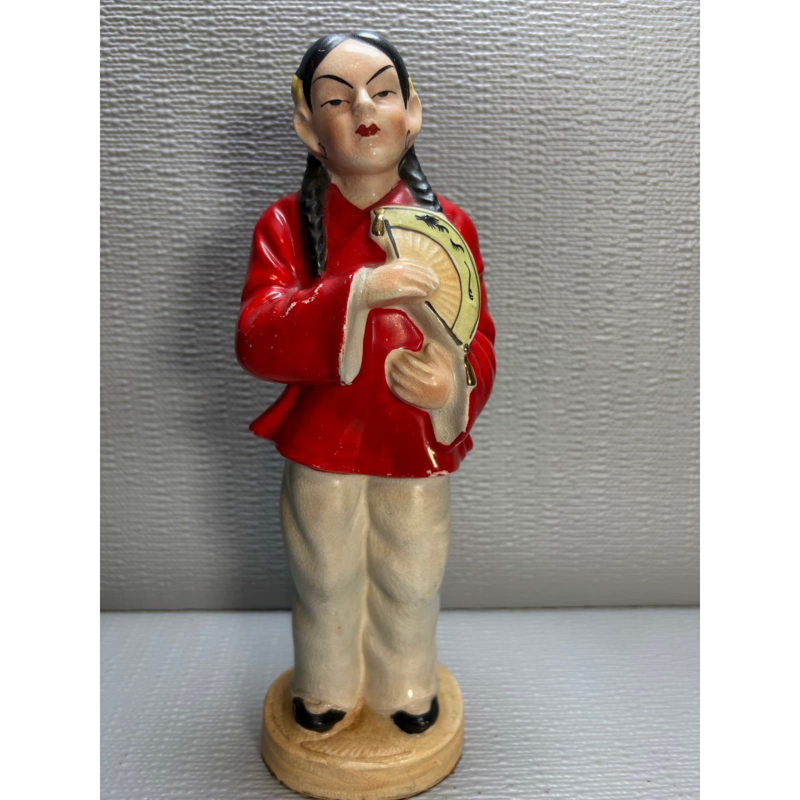 Vintage Made in Occupied Japan Ceramic Figurine Woman with Fan Red White 9.5" - Thumbnail 2