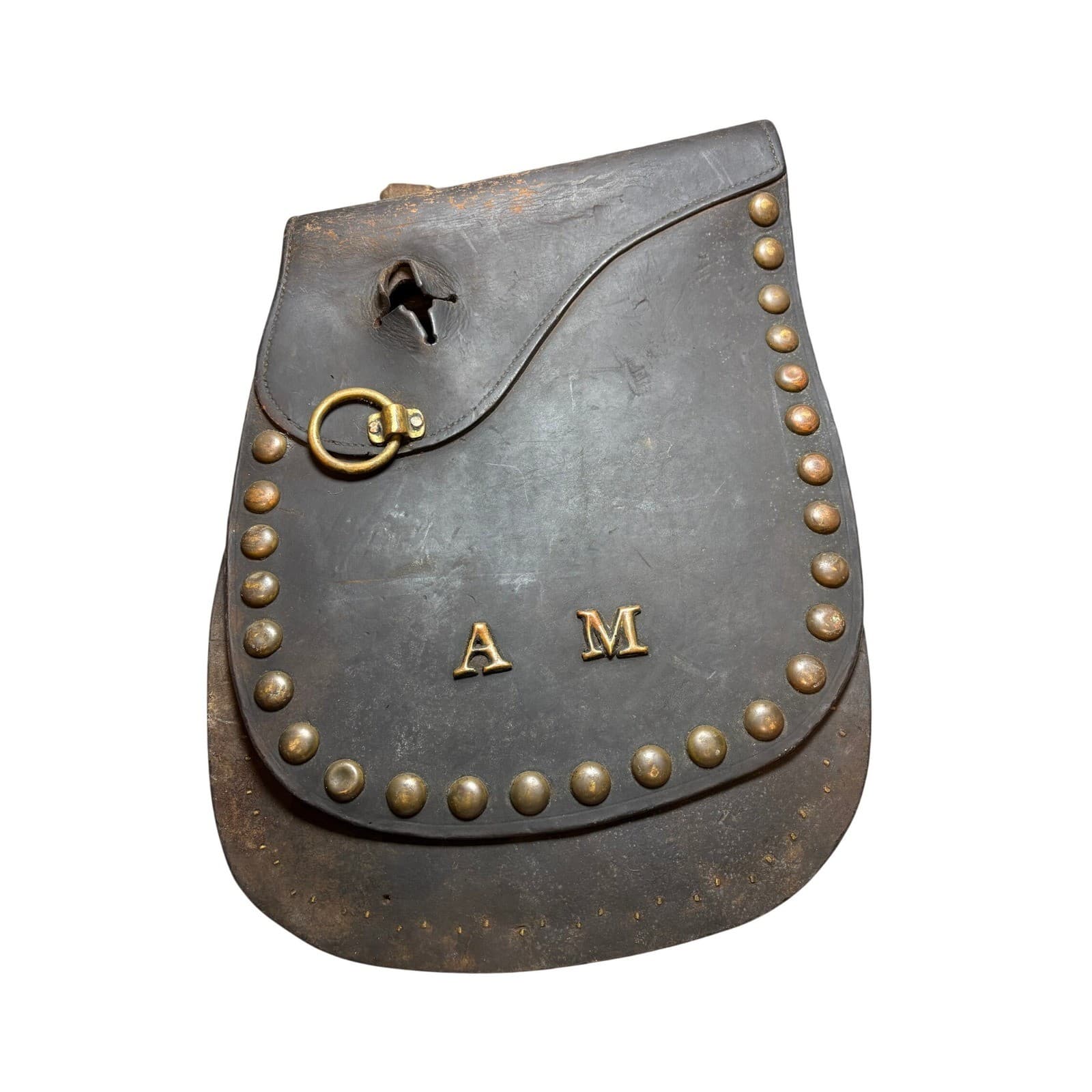 Vintage Studded Leather Motorcycle Saddlebags AM Brass Detail Distressed - Thumbnail 2