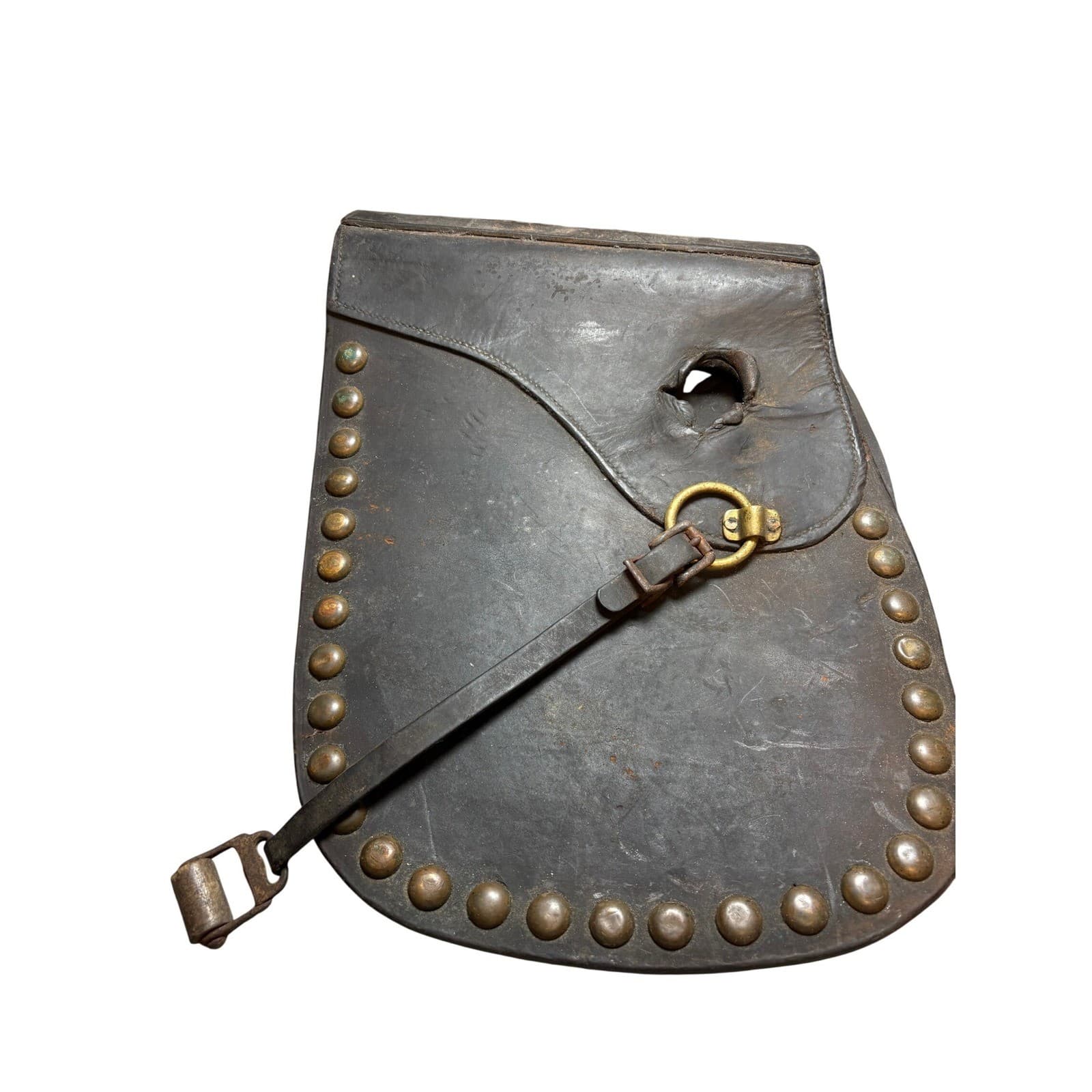 Vintage Studded Leather Motorcycle Saddlebags AM Brass Detail Distressed - Thumbnail 3