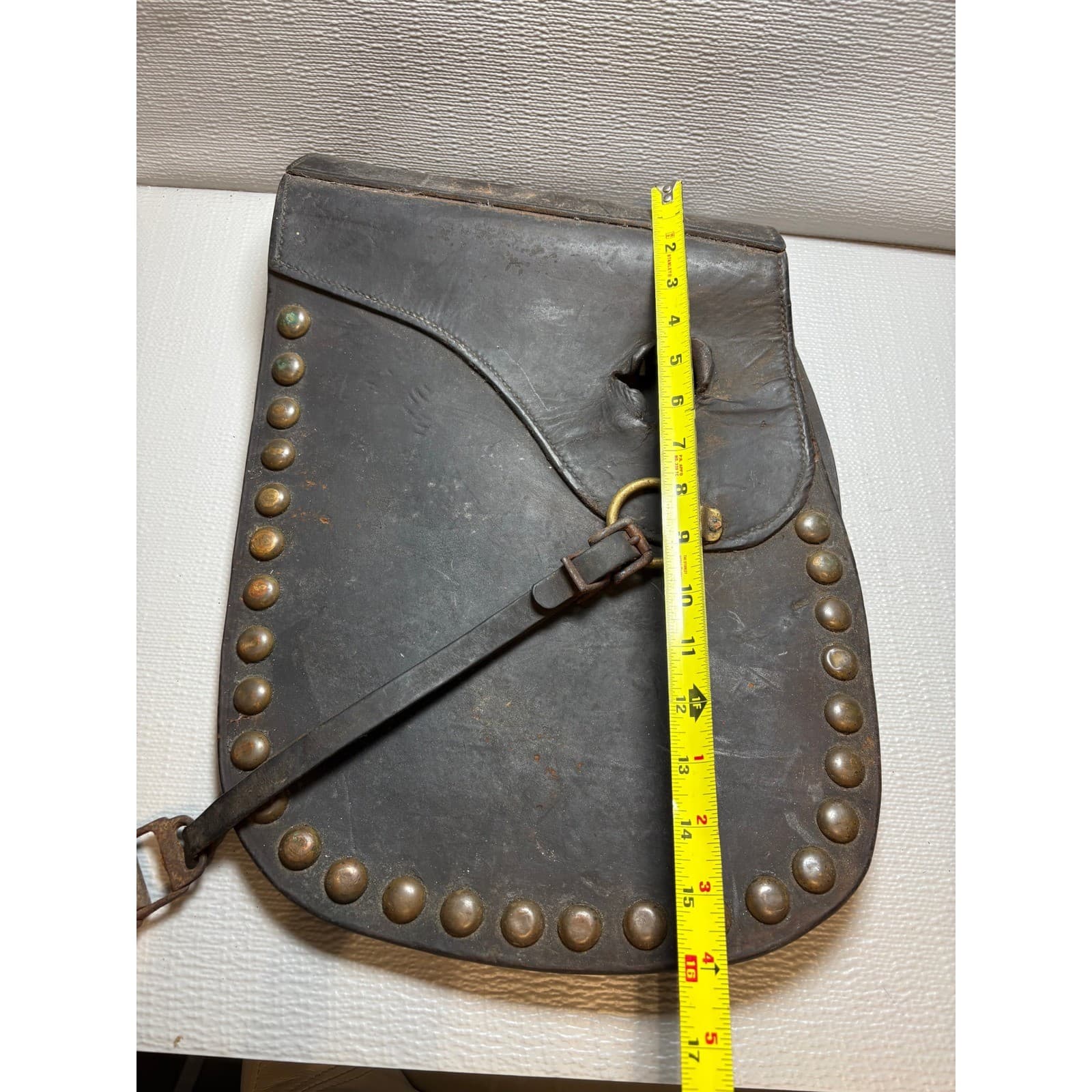 Vintage Studded Leather Motorcycle Saddlebags AM Brass Detail Distressed - Thumbnail 8