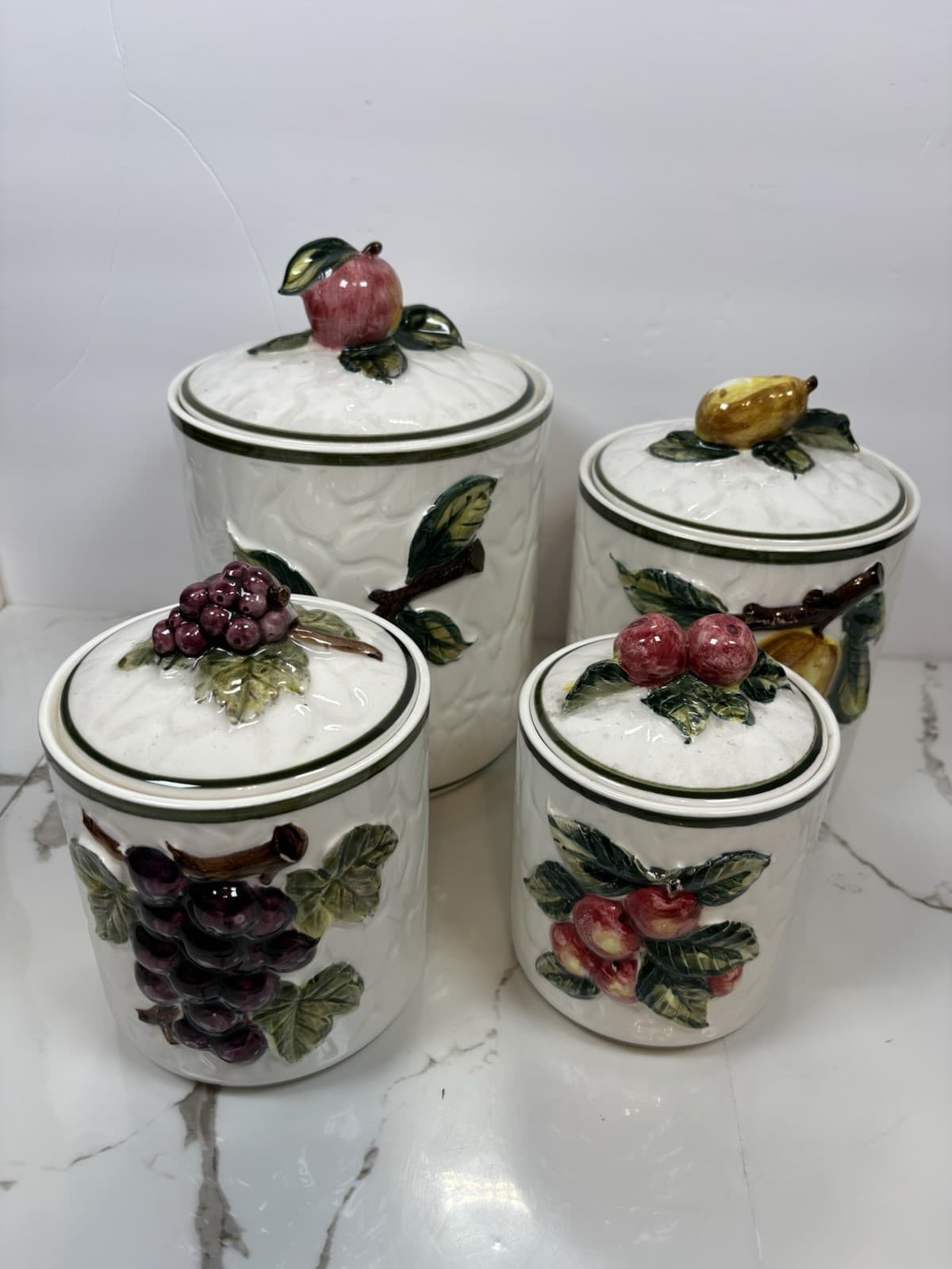 Vintage Style Fruit Ceramic Kitchen Canister Set of 4 Apple Pear Grape Cherry - Thumbnail 2