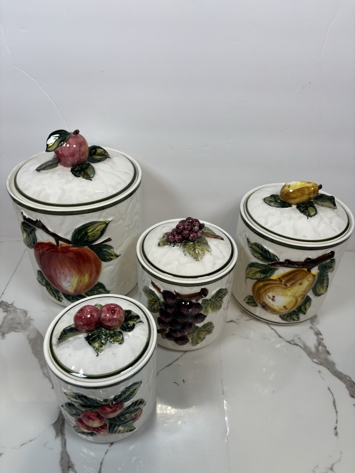 Vintage Style Fruit Ceramic Kitchen Canister Set of 4 Apple Pear Grape Cherry - Thumbnail 3