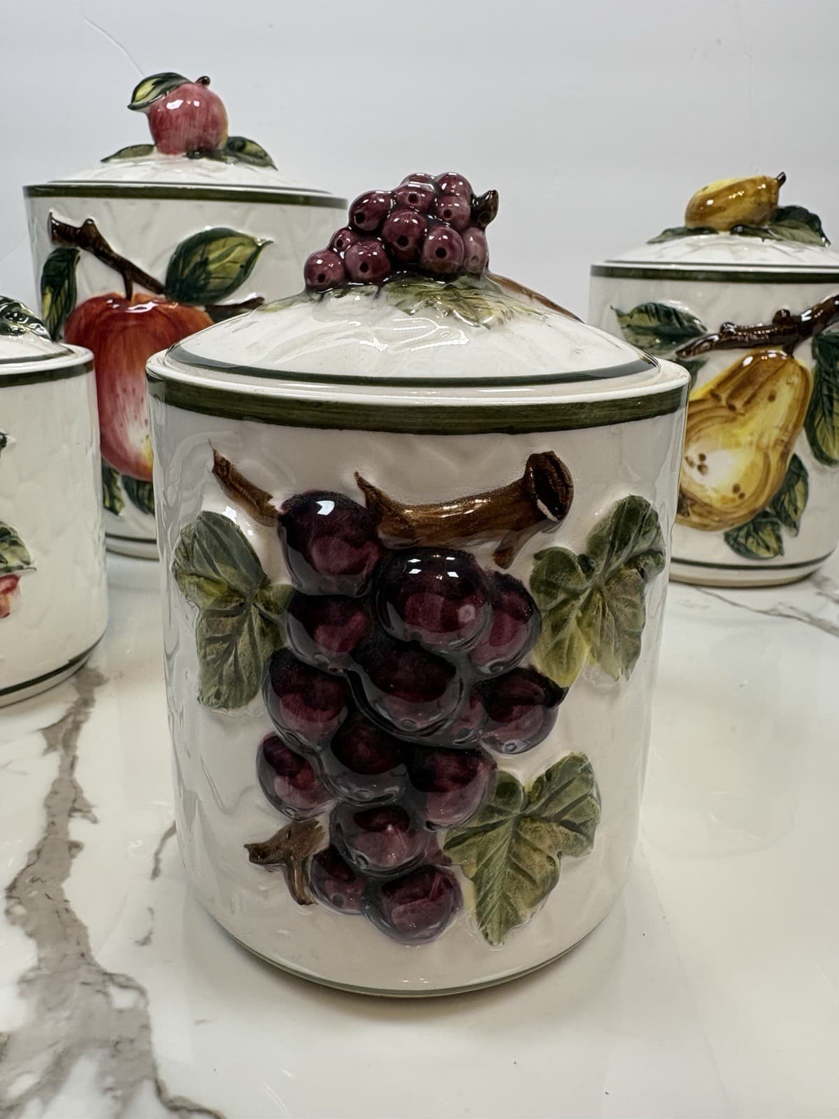 Vintage Style Fruit Ceramic Kitchen Canister Set of 4 Apple Pear Grape Cherry - Thumbnail 5