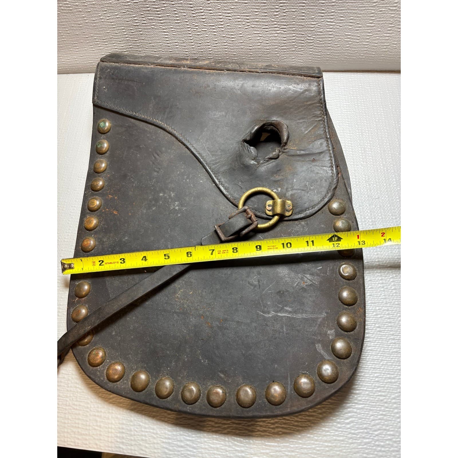 Vintage Studded Leather Motorcycle Saddlebags AM Brass Detail Distressed - Thumbnail 7