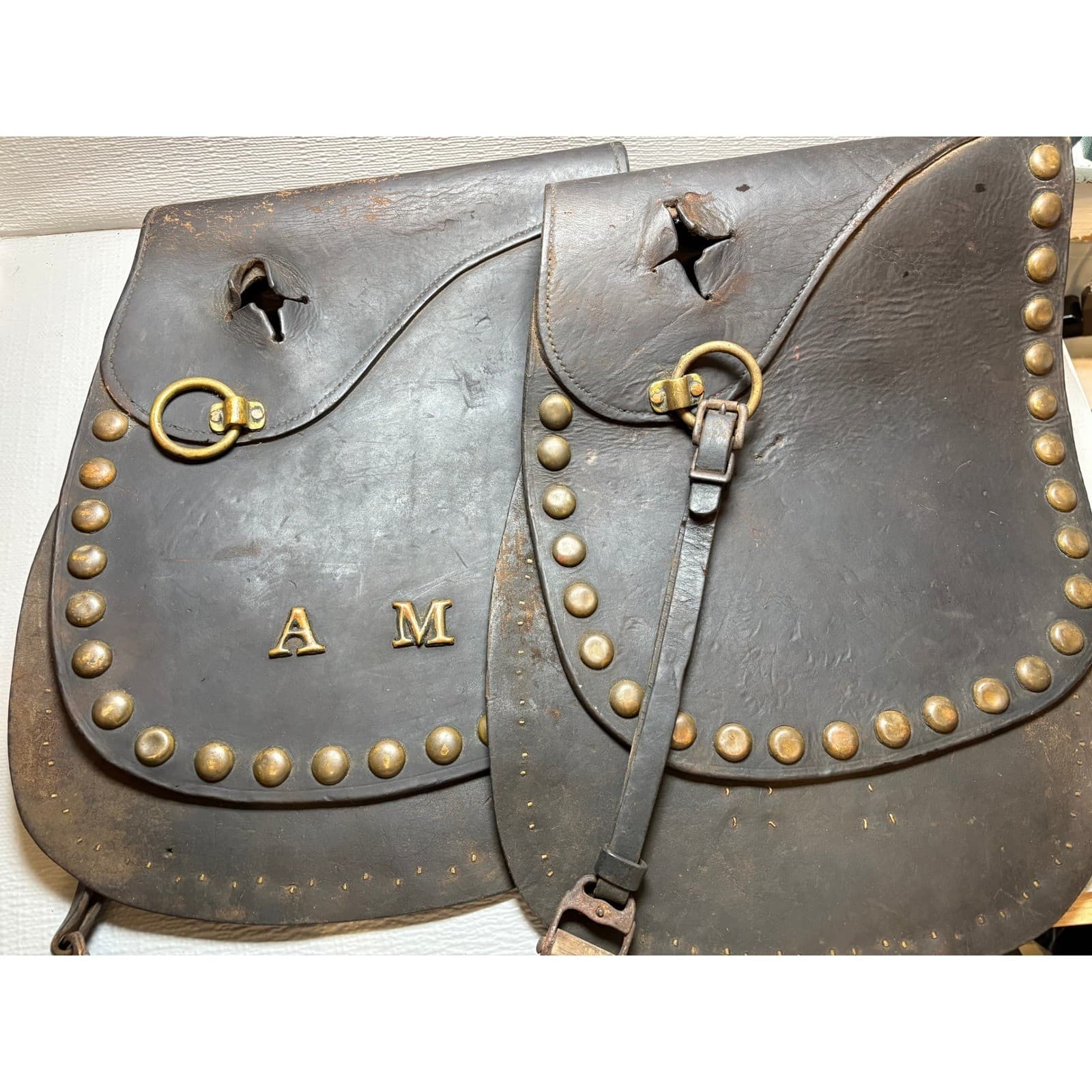 Vintage Studded Leather Motorcycle Saddlebags AM Brass Detail Distressed - Thumbnail 6