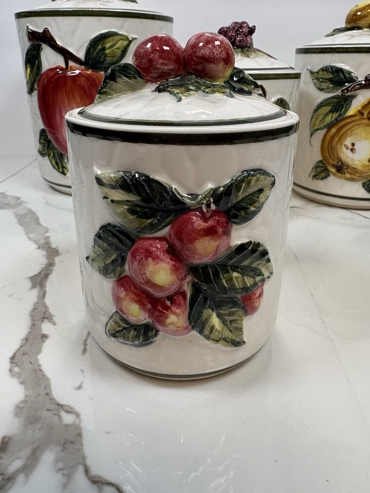 Vintage Style Fruit Ceramic Kitchen Canister Set of 4 Apple Pear Grape Cherry - Thumbnail 4