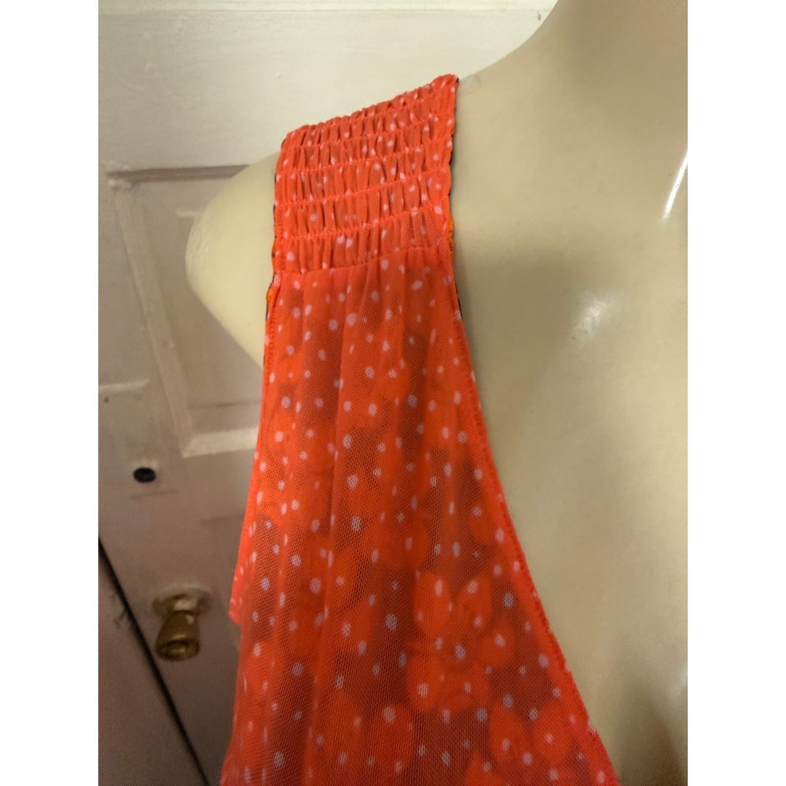 Cabi Reversible Floral Mesh Wrap Dress Orange Navy Polka Dot Ruched Sleeveless L - Thumbnail 7