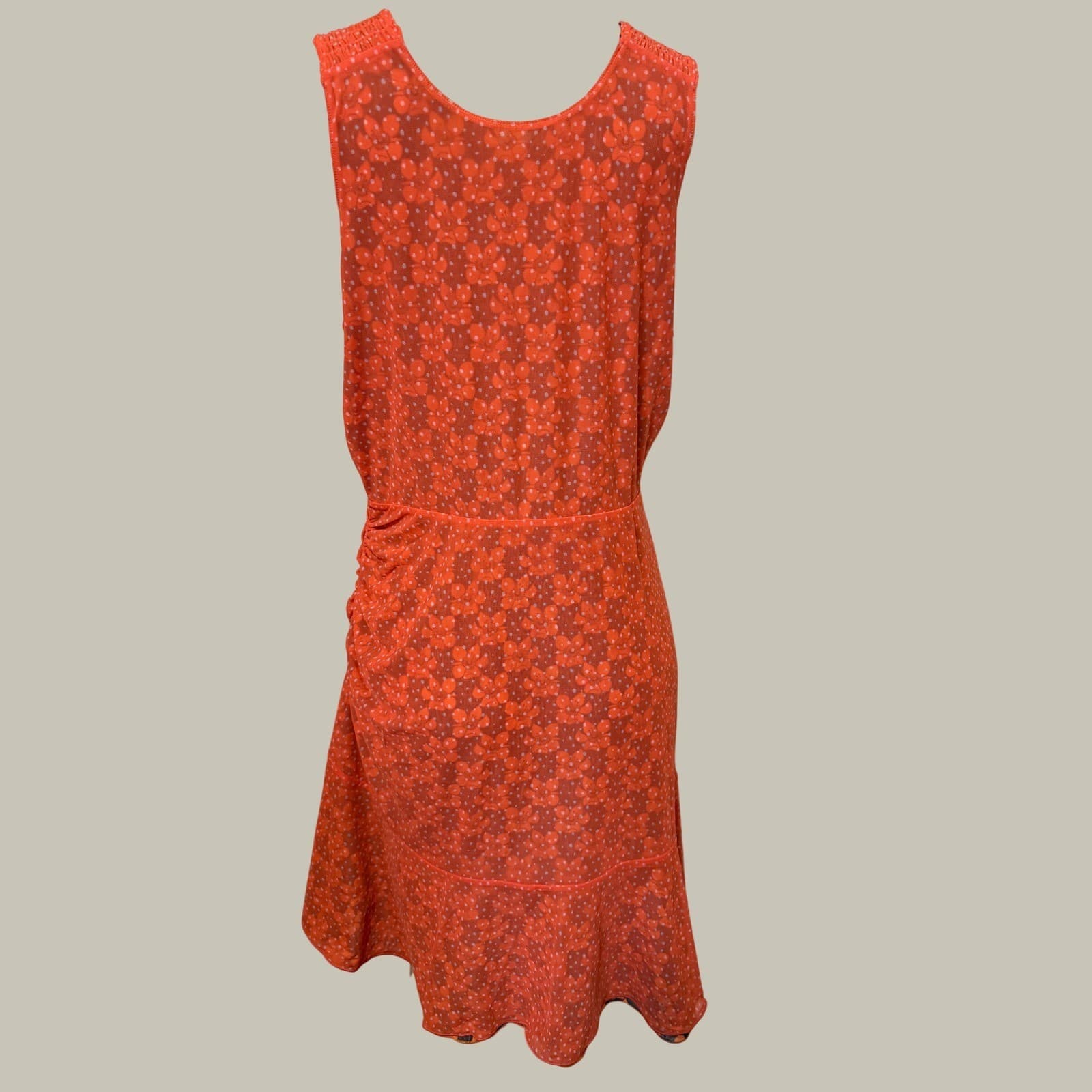 Cabi Reversible Floral Mesh Wrap Dress Orange Navy Polka Dot Ruched Sleeveless L - Thumbnail 9