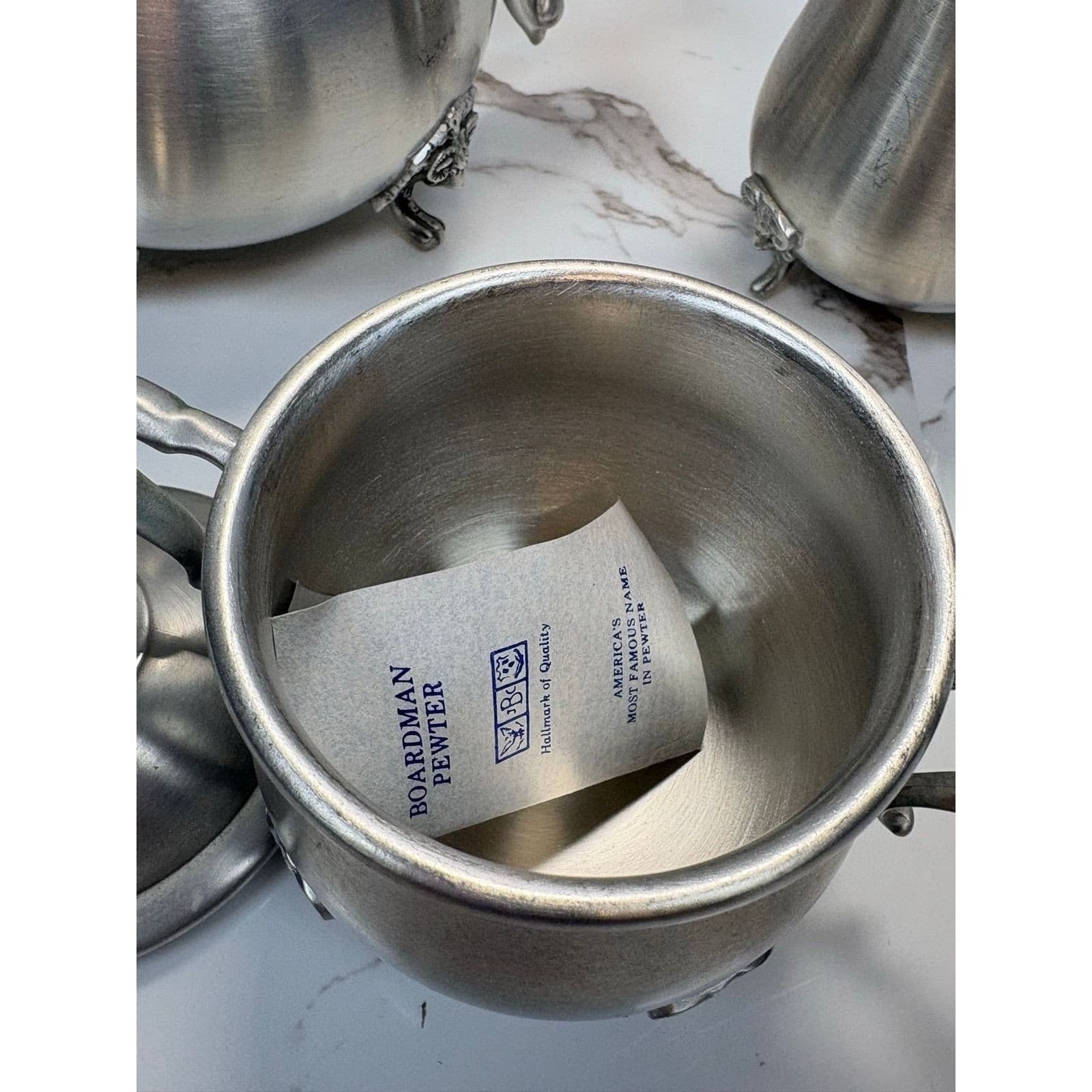 Boardman Pewter Tea Coffee Set 3pc Rams Head Feet Teapot Sugar Creamer - Thumbnail 7
