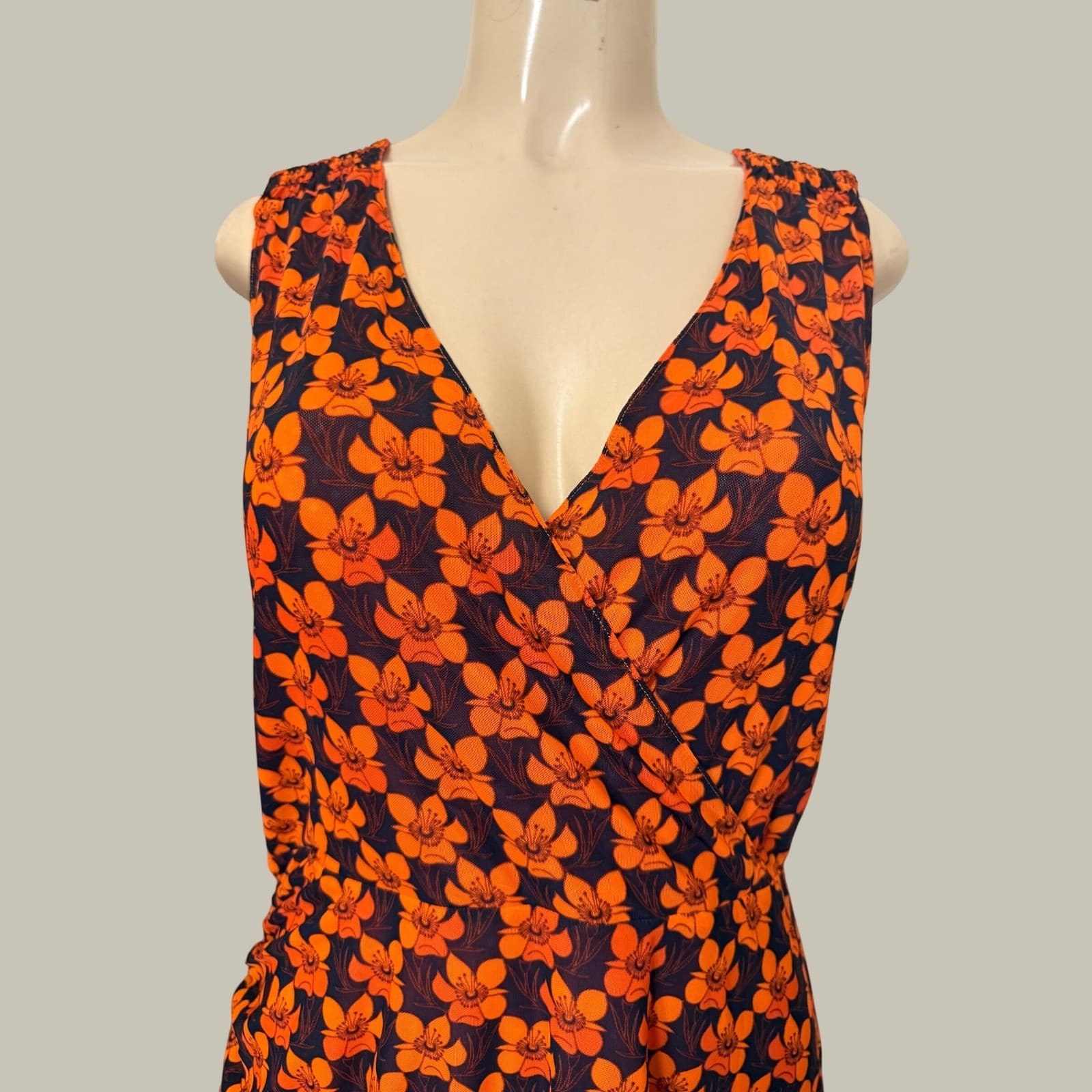 Cabi Reversible Floral Mesh Wrap Dress Orange Navy Polka Dot Ruched Sleeveless L - Thumbnail 2