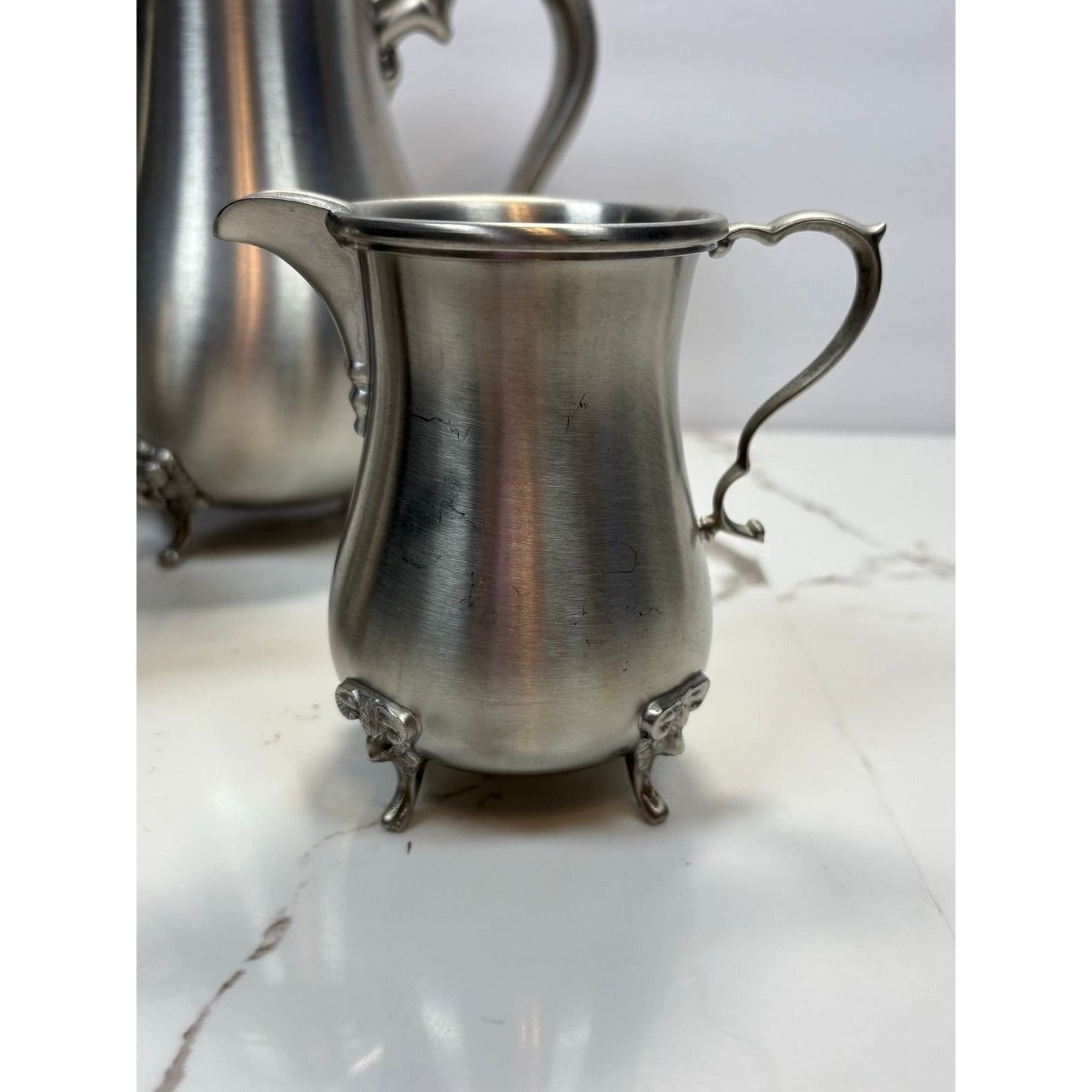 Boardman Pewter Tea Coffee Set 3pc Rams Head Feet Teapot Sugar Creamer - Thumbnail 12