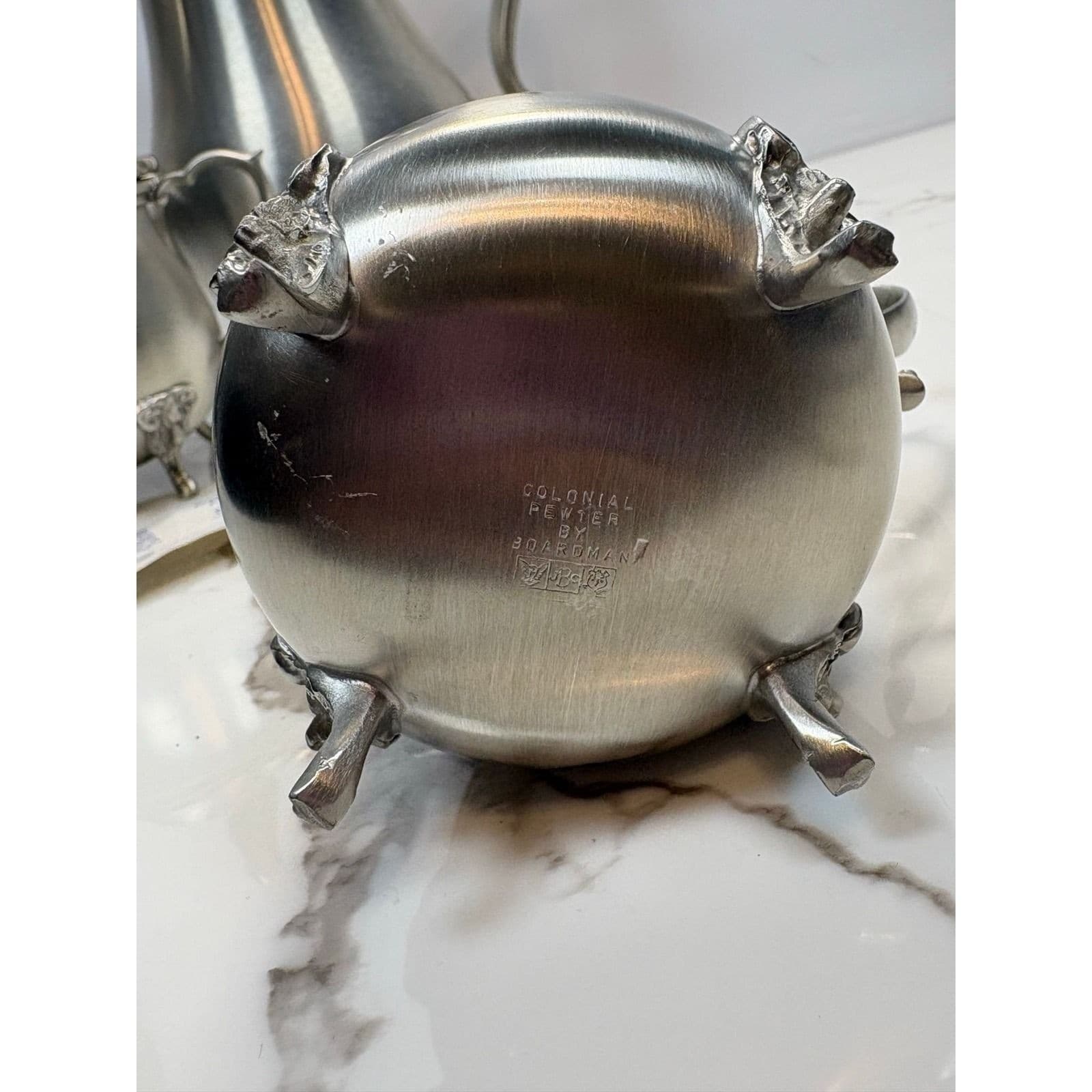 Boardman Pewter Tea Coffee Set 3pc Rams Head Feet Teapot Sugar Creamer - Thumbnail 11