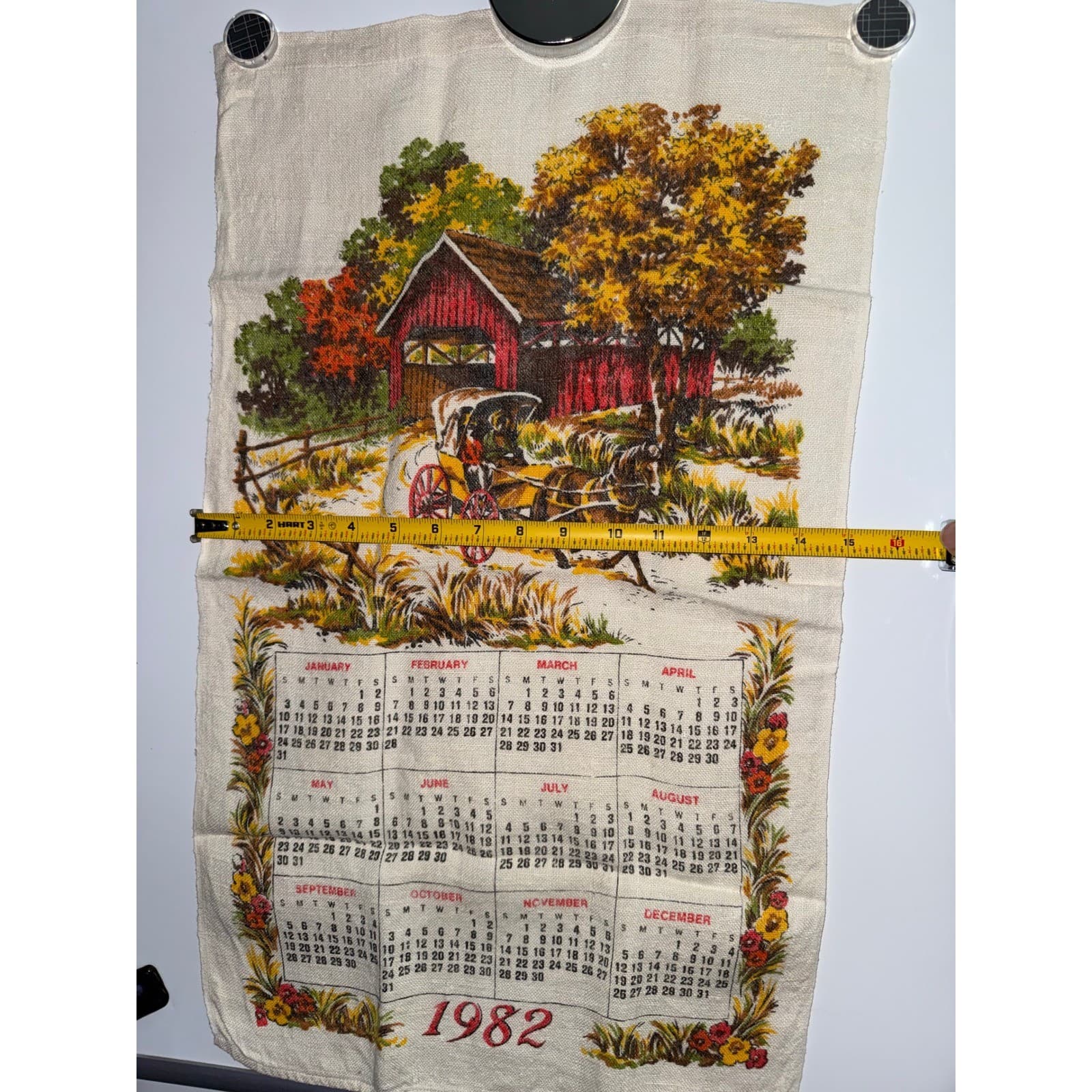 Vintage 1982 Linen Calendar Tea Towel Covered Bridge Horse Carriage Americana - Thumbnail 2