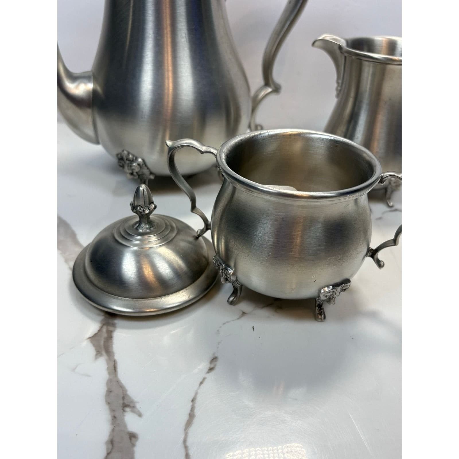 Boardman Pewter Tea Coffee Set 3pc Rams Head Feet Teapot Sugar Creamer - Thumbnail 6