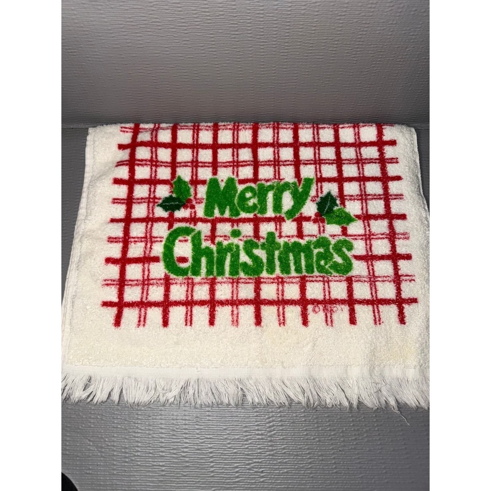 Vintage Christmas Hand Towel Set Santa Claus Merry Christmas Plaid Fringe White - Thumbnail 2