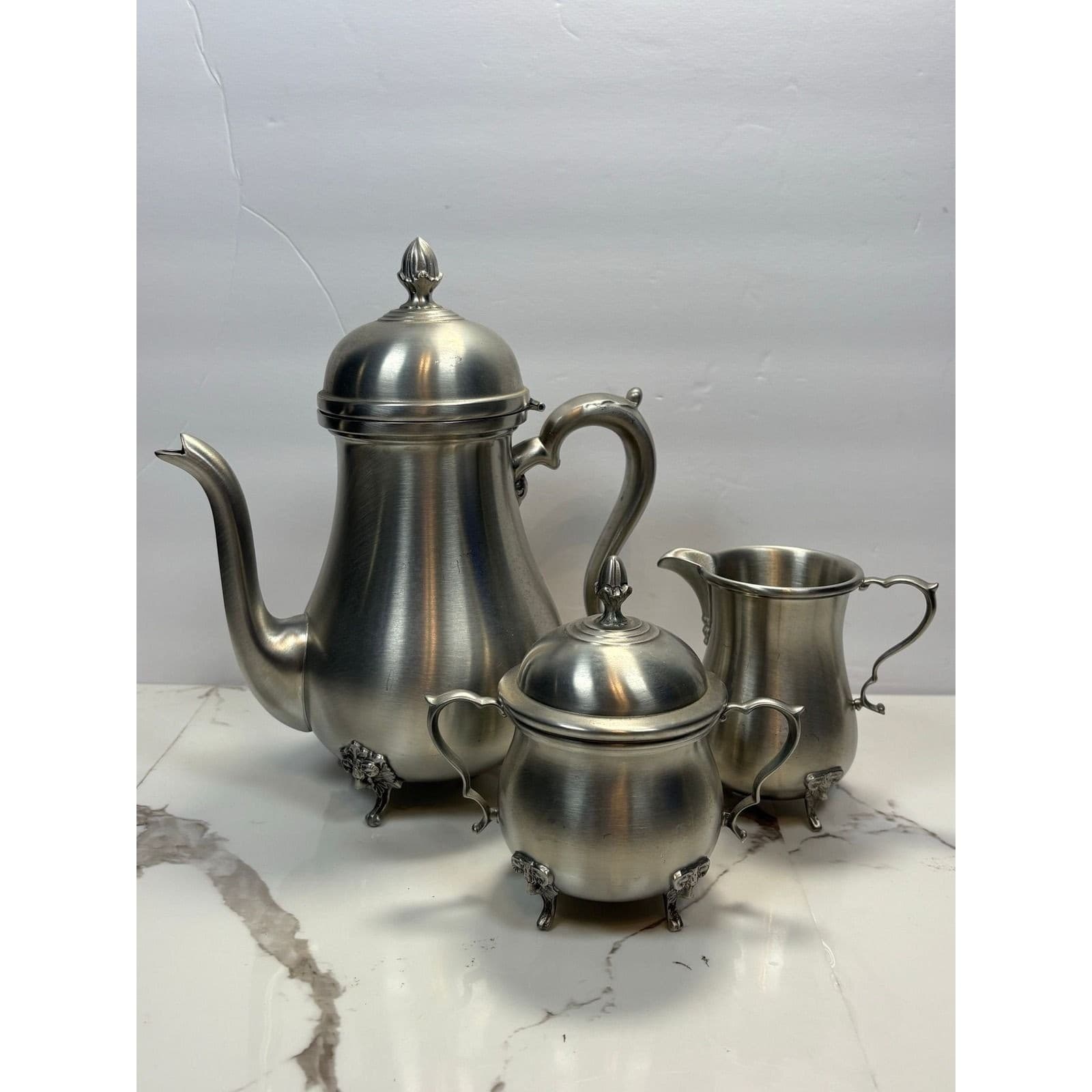 Boardman Pewter Tea Coffee Set 3pc Rams Head Feet Teapot Sugar Creamer - Thumbnail 8