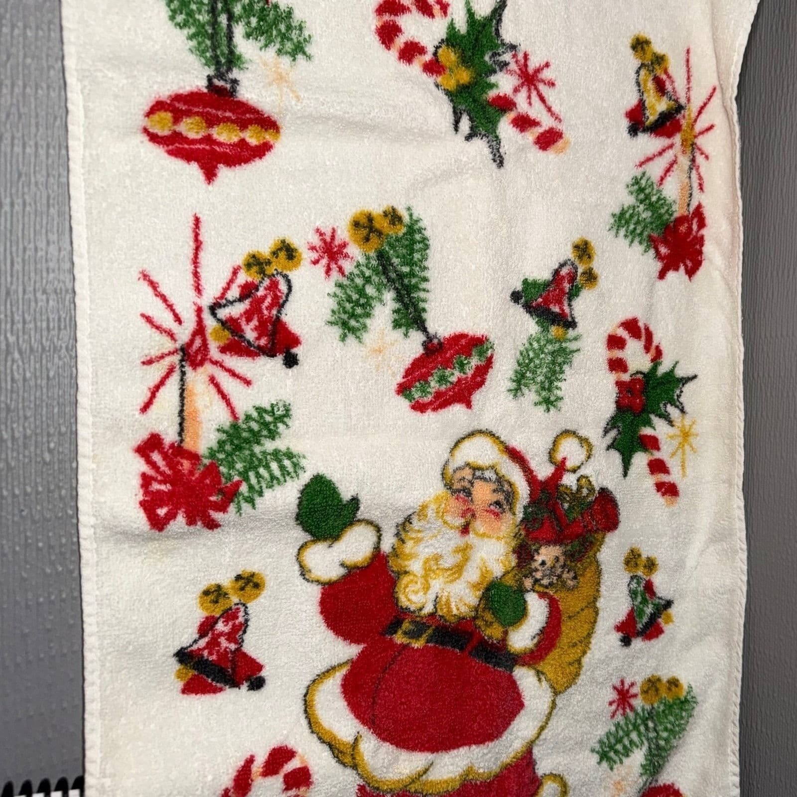 Vintage Christmas Hand Towel Set Santa Claus Merry Christmas Plaid Fringe White - Thumbnail 5
