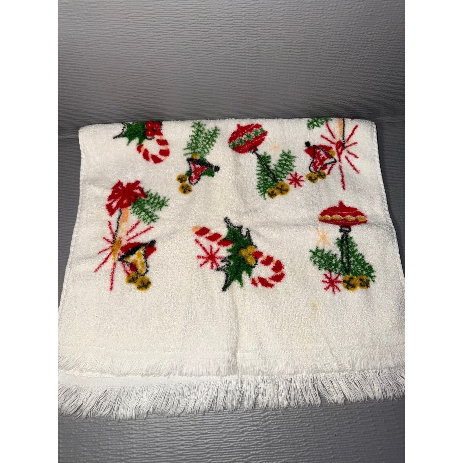 Vintage Christmas Hand Towel Set Santa Claus Merry Christmas Plaid Fringe White - Thumbnail 4