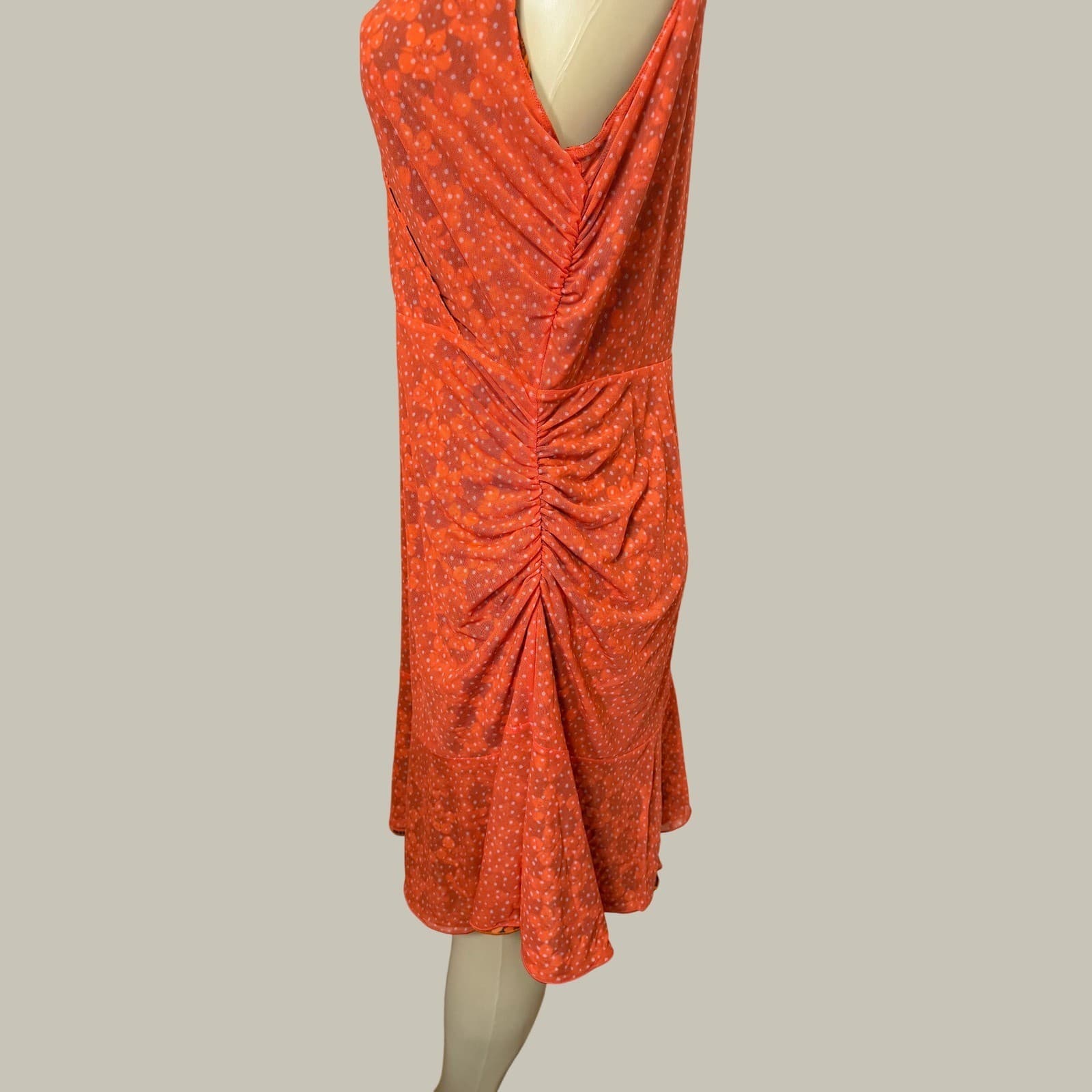 Cabi Reversible Floral Mesh Wrap Dress Orange Navy Polka Dot Ruched Sleeveless L - Thumbnail 8
