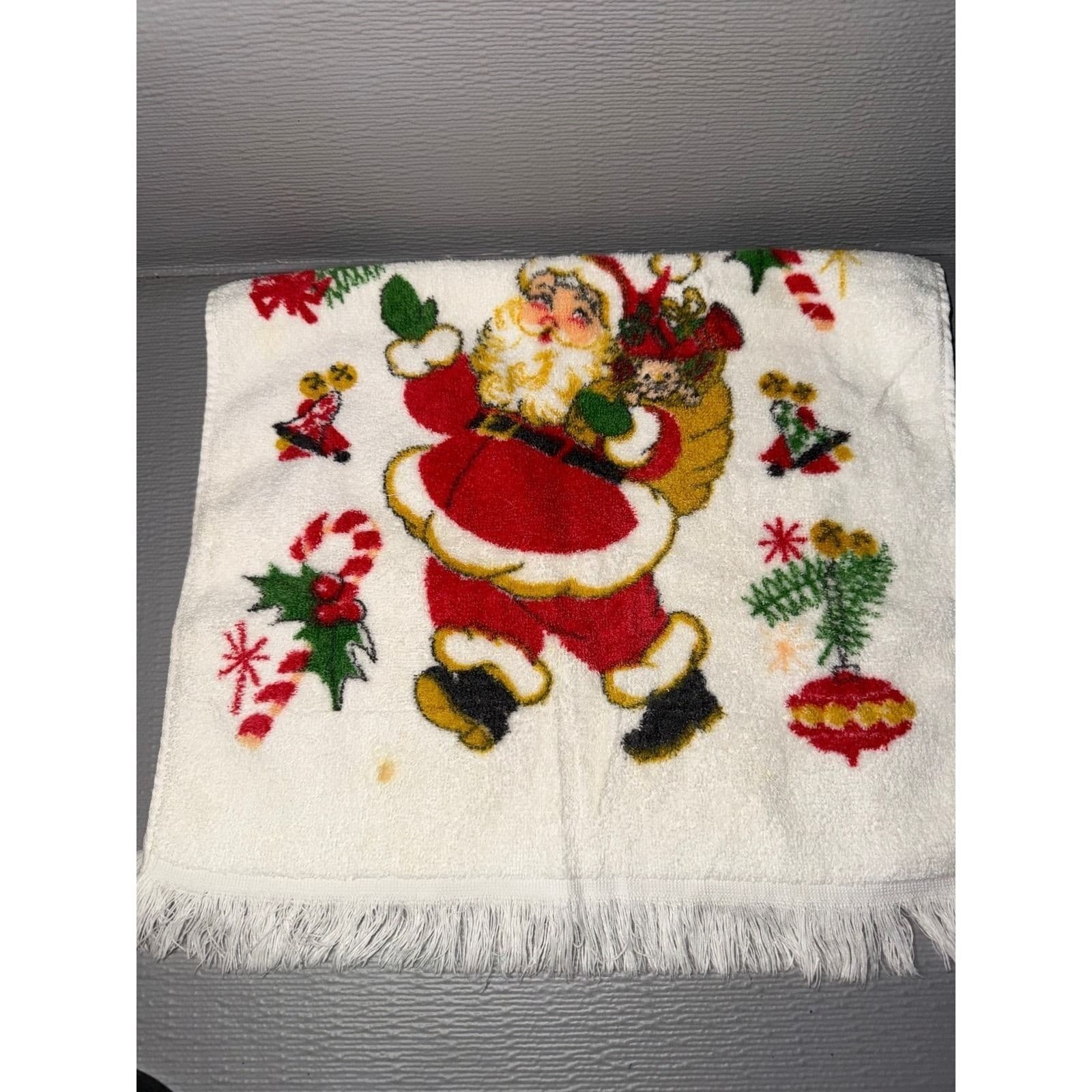 Vintage Christmas Hand Towel Set Santa Claus Merry Christmas Plaid Fringe White - Thumbnail 3