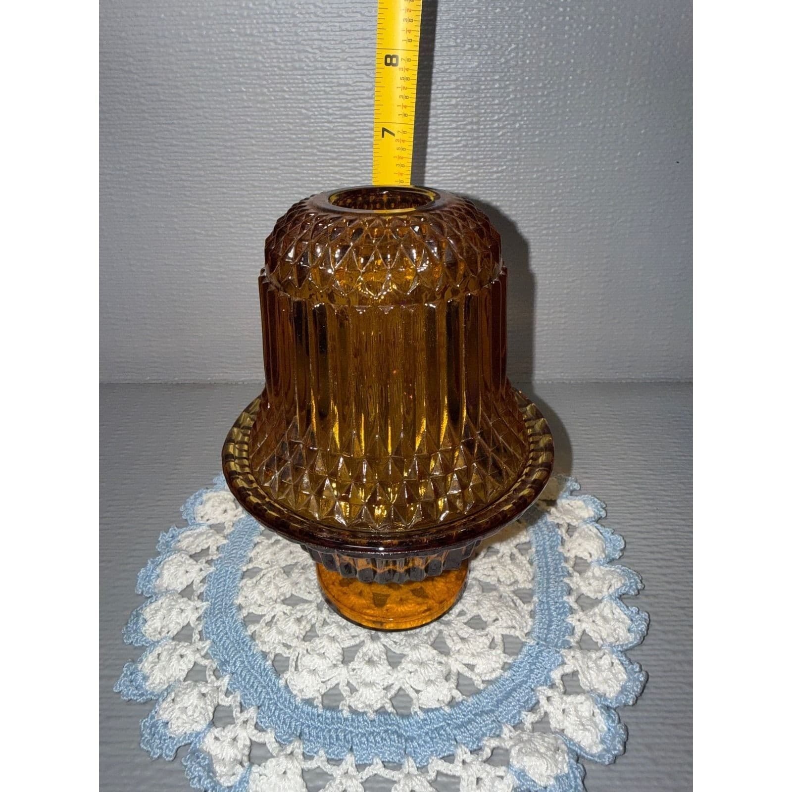 Vintage Amber Glass Fairy Lamp Diamond Point Ribbed 2 Piece Votive Holder 6.5" - Thumbnail 2