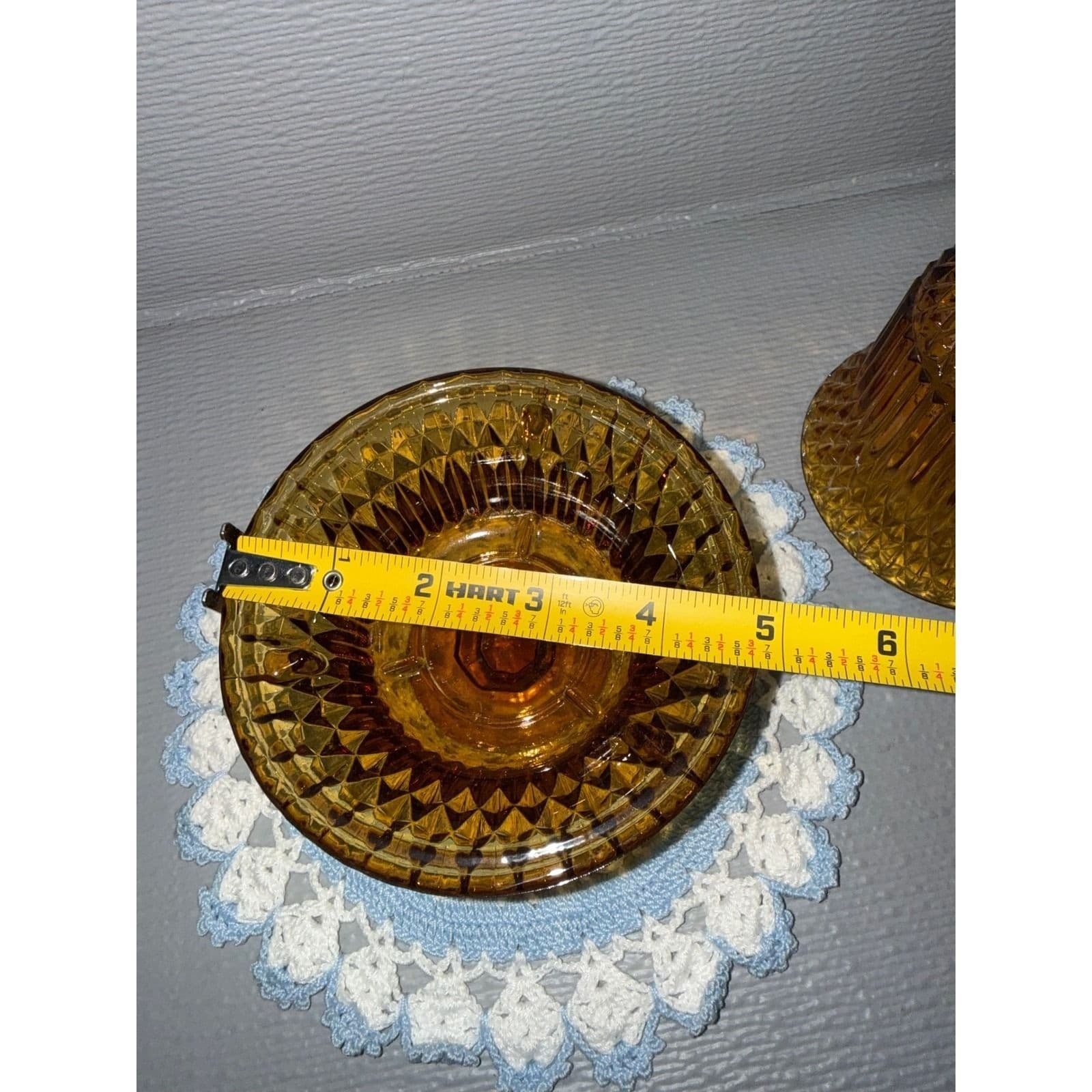 Vintage Amber Glass Fairy Lamp Diamond Point Ribbed 2 Piece Votive Holder 6.5" - Thumbnail 5
