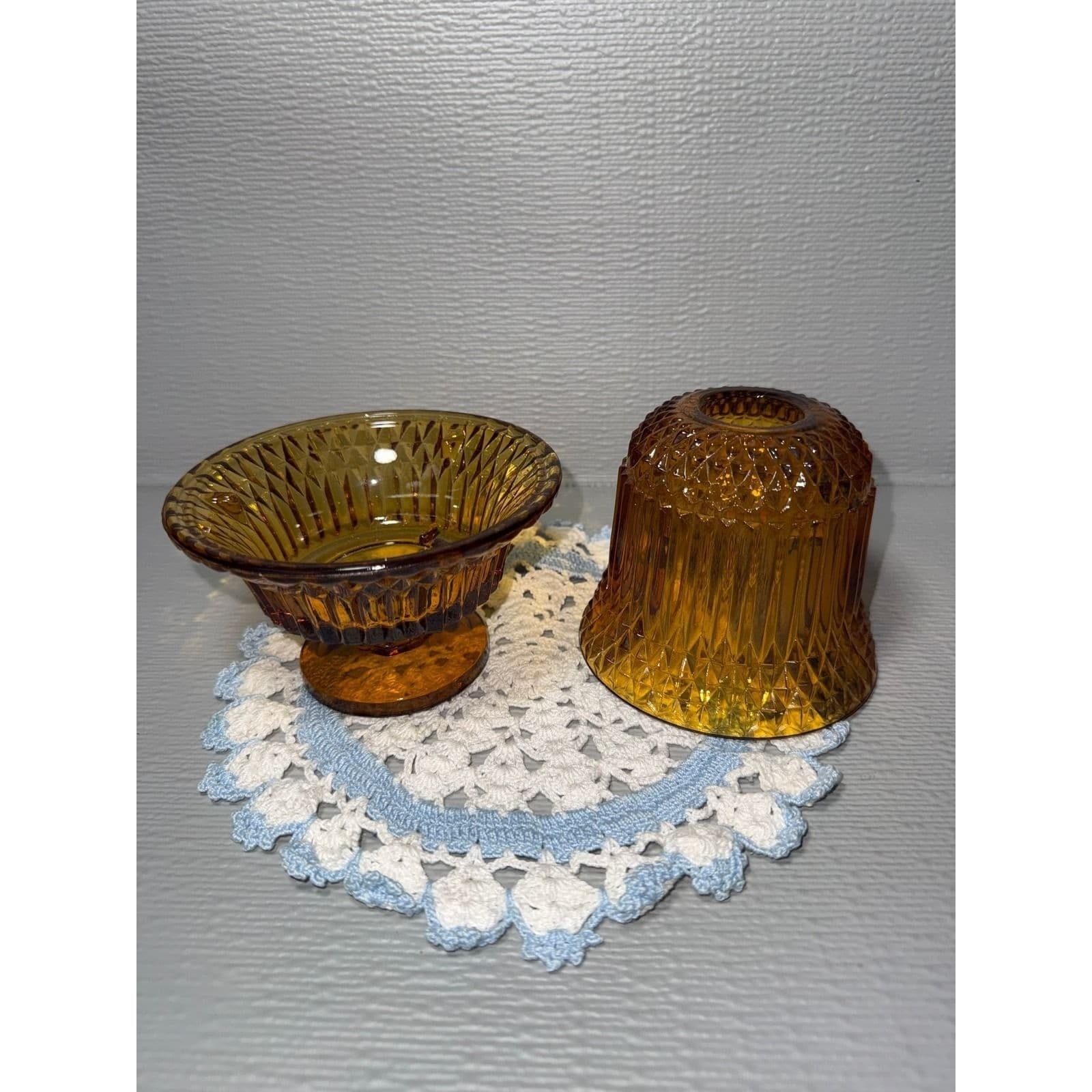 Vintage Amber Glass Fairy Lamp Diamond Point Ribbed 2 Piece Votive Holder 6.5" - Thumbnail 3