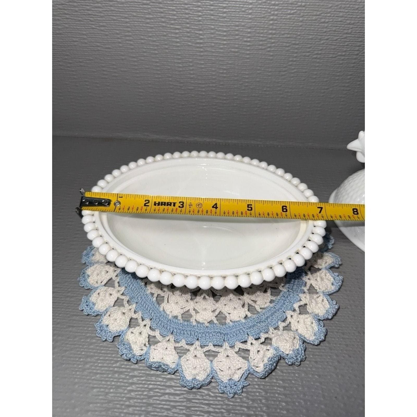 Vintage White Milk Glass Hen on Nest Covered Dish Beaded Rim - Thumbnail 8