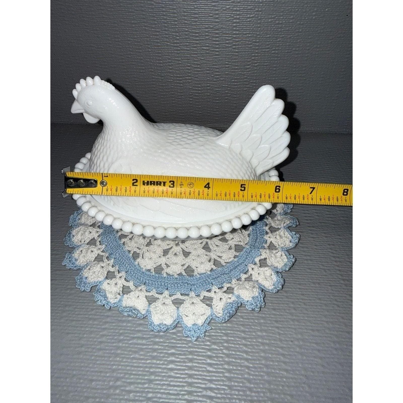 Vintage White Milk Glass Hen on Nest Covered Dish Beaded Rim - Thumbnail 6