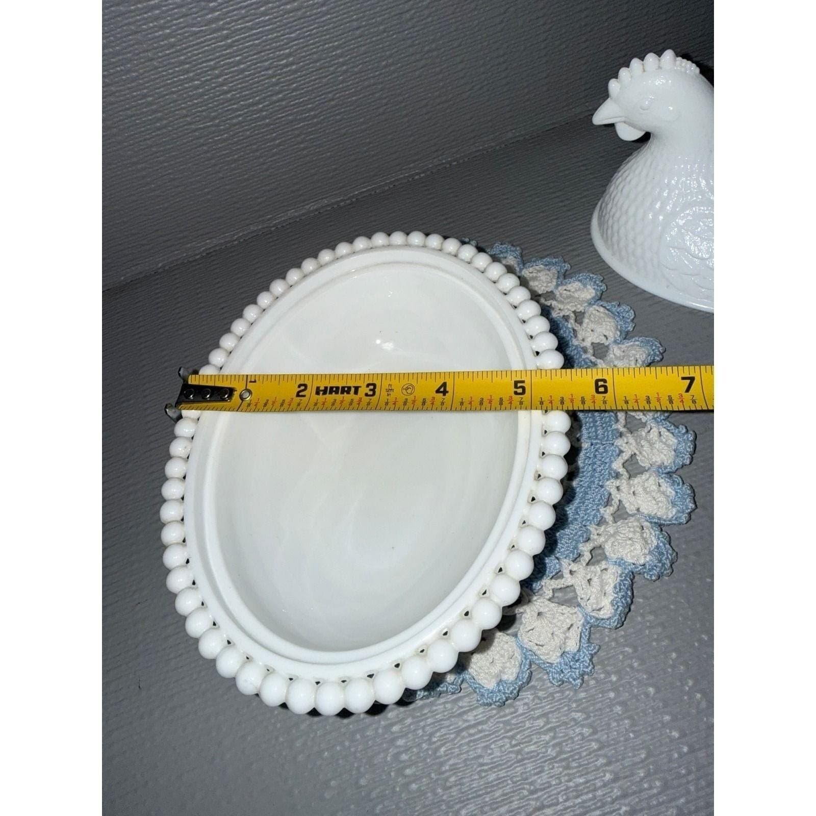 Vintage White Milk Glass Hen on Nest Covered Dish Beaded Rim - Thumbnail 9