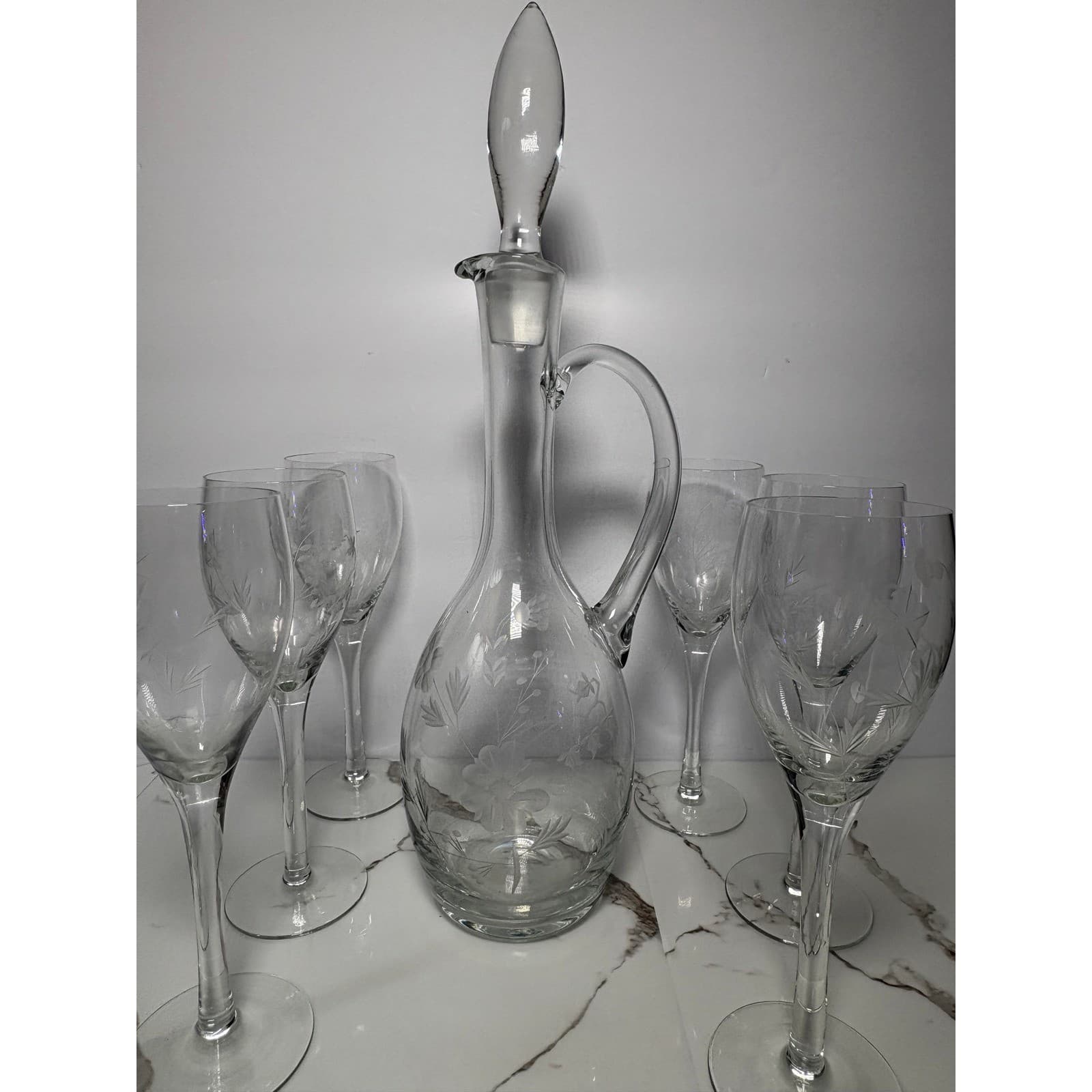 Vintage Etched Floral Glass Decanter with Stopper & 6 Matching Wine Glasses Set - Thumbnail 5