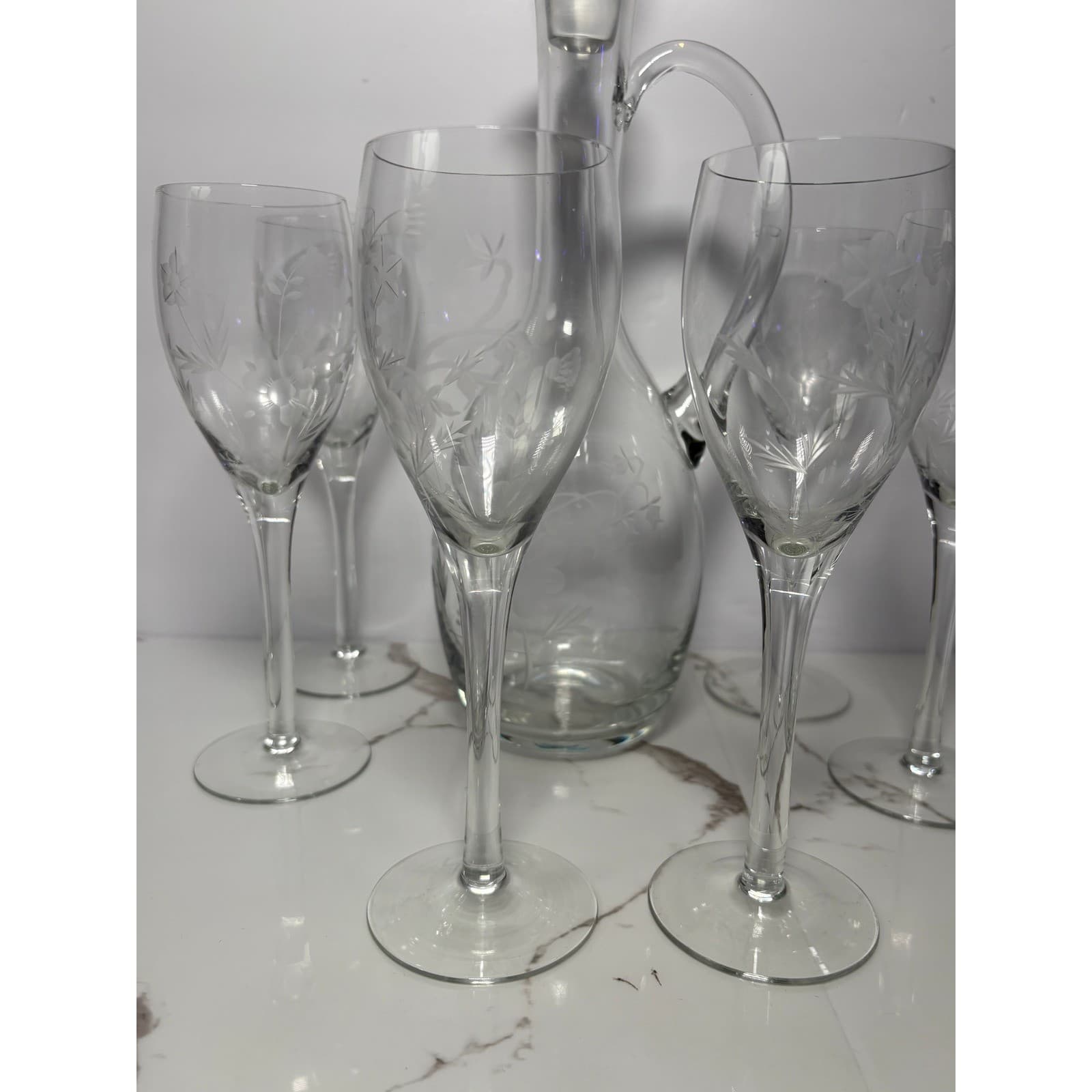 Vintage Etched Floral Glass Decanter with Stopper & 6 Matching Wine Glasses Set - Thumbnail 3