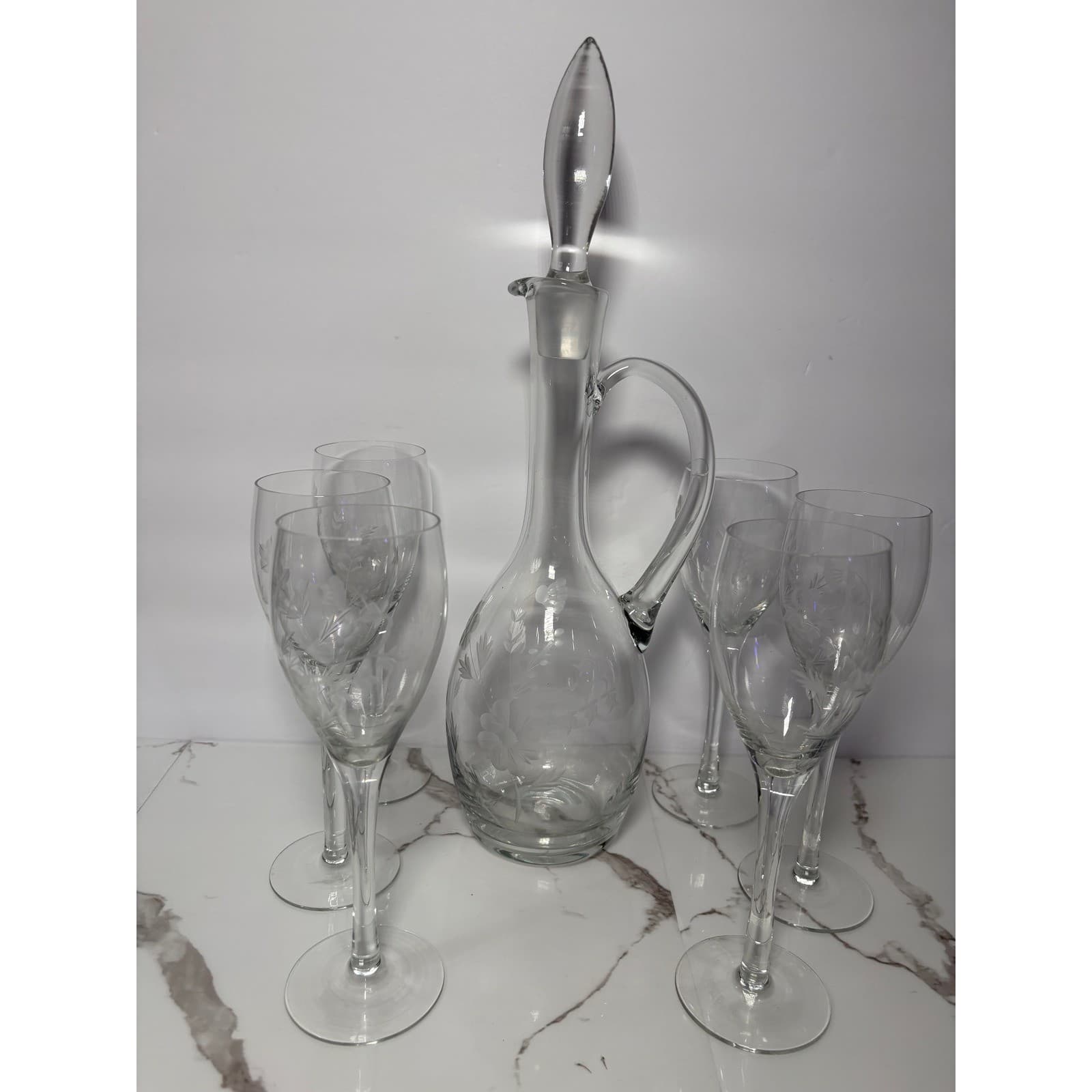 Vintage Etched Floral Glass Decanter with Stopper & 6 Matching Wine Glasses Set - Thumbnail 2