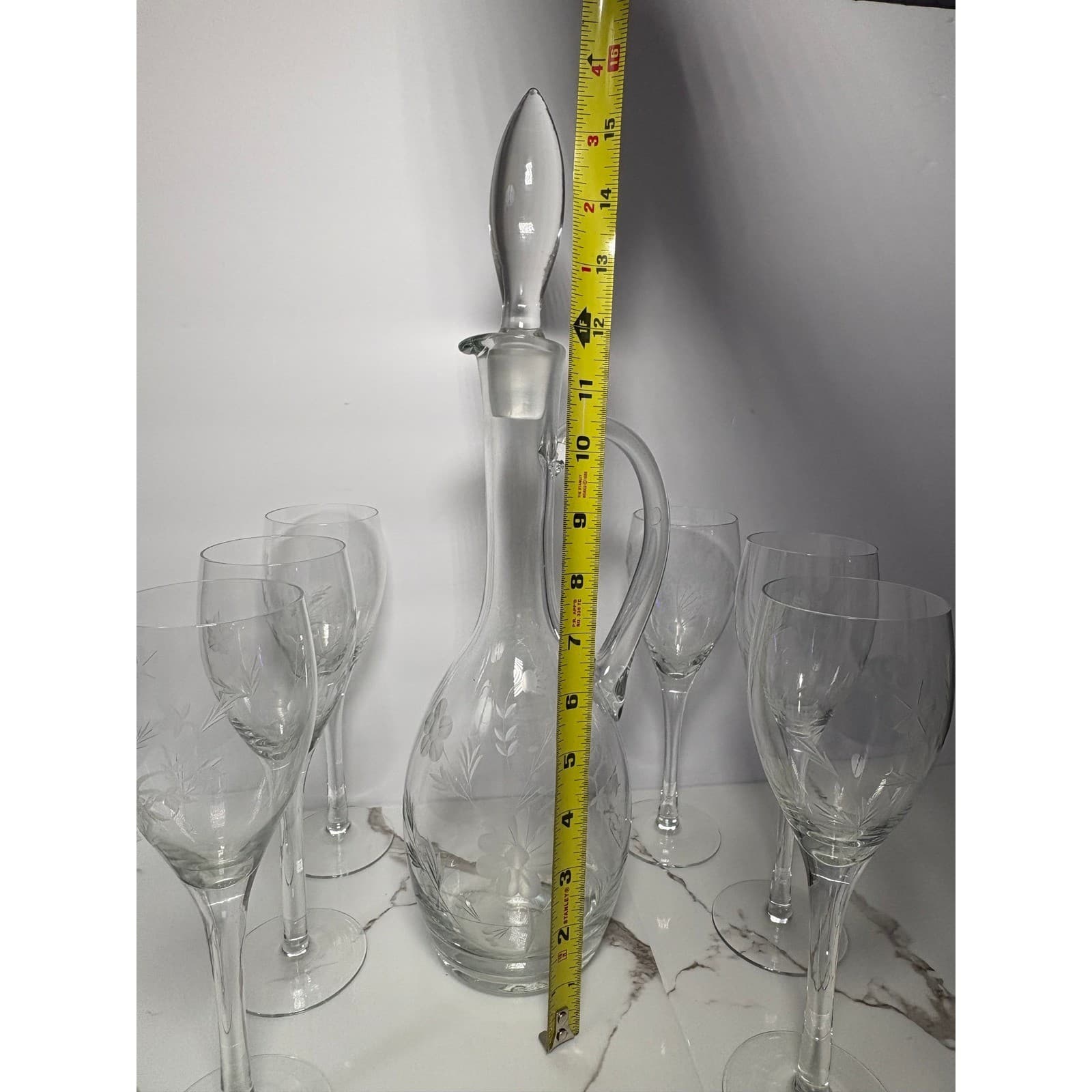 Vintage Etched Floral Glass Decanter with Stopper & 6 Matching Wine Glasses Set - Thumbnail 6