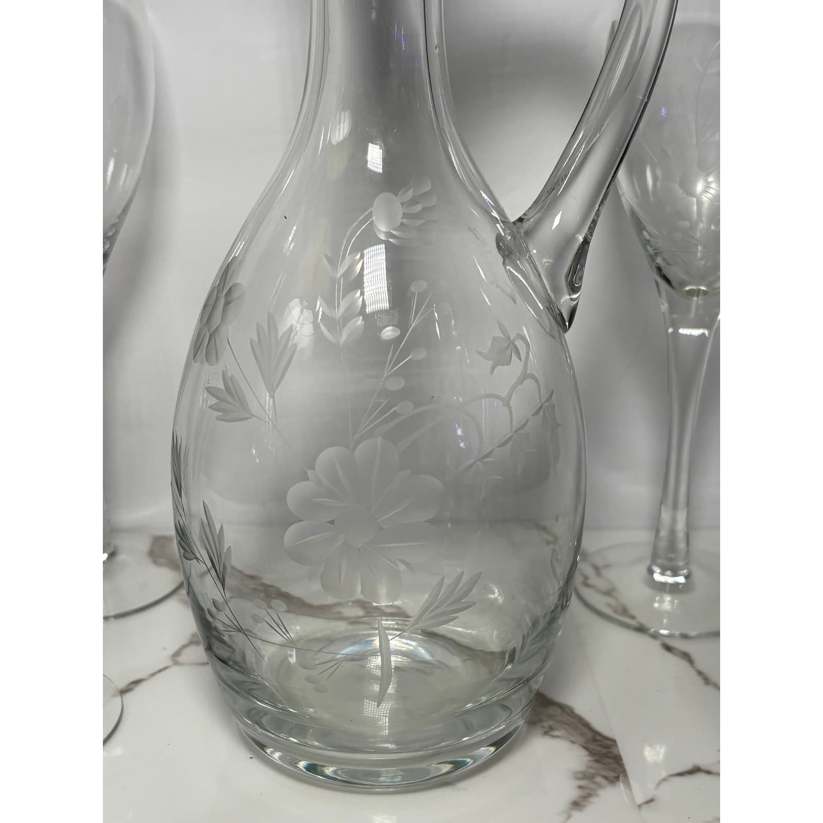 Vintage Etched Floral Glass Decanter with Stopper & 6 Matching Wine Glasses Set - Thumbnail 4